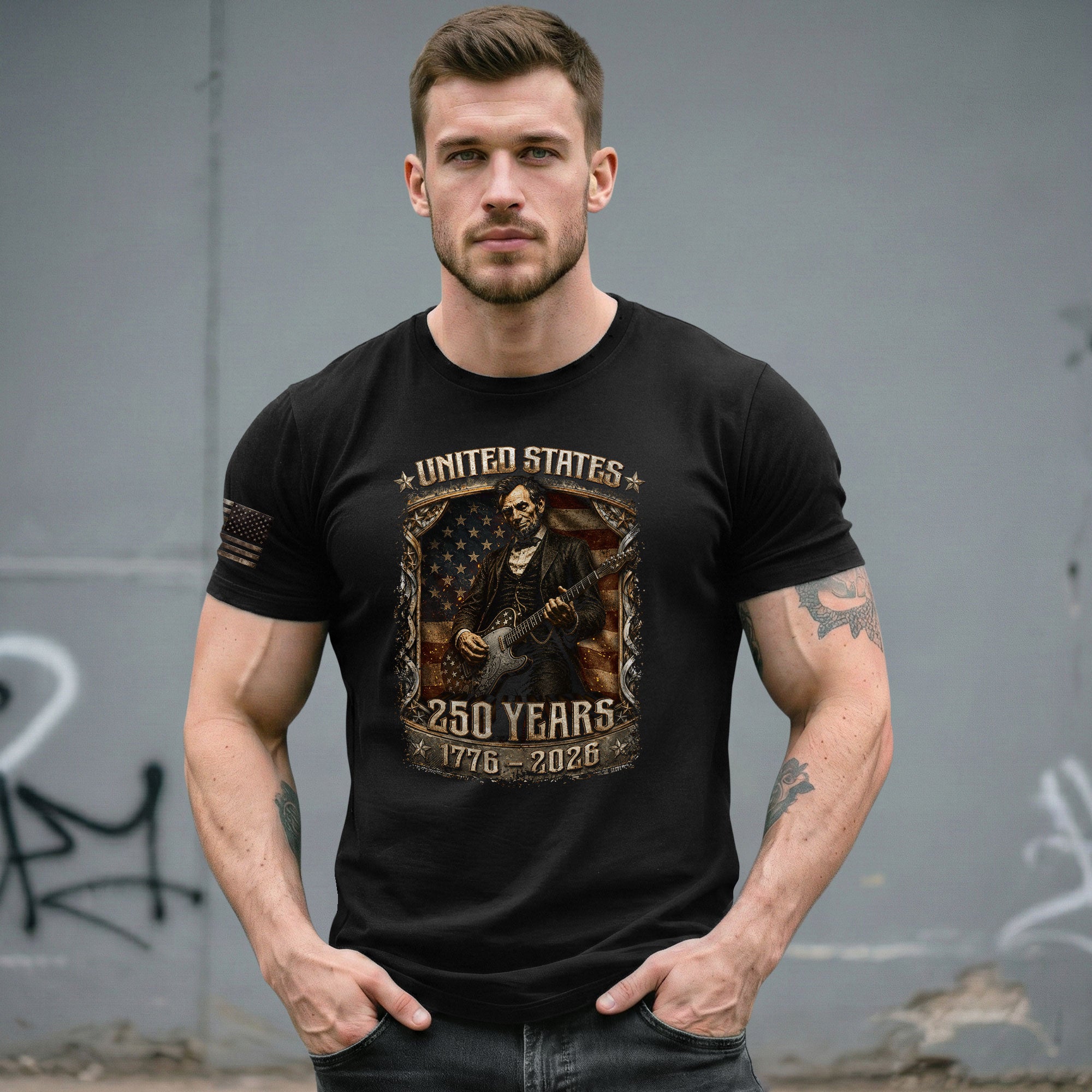 Abraham Lincoln T-Shirt Playing Guitar 1776 2026 Patriotic US Flag Retro Graphic Tee - Rust Field Wear