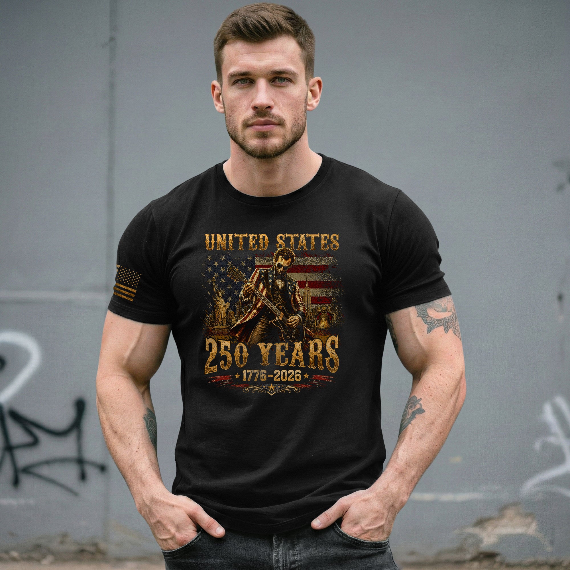 Abraham Lincoln T-Shirt Playing Guitar 1776 2026 Patriotic Statue Liberty Graphic Tee - Rust Field Wear