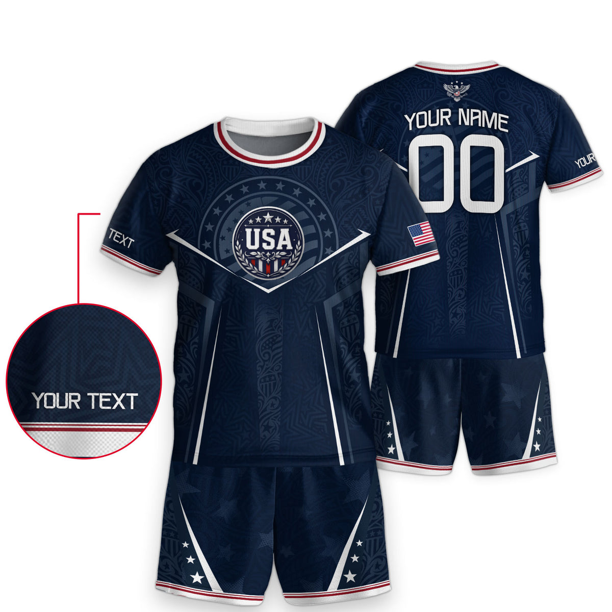 Custom Navy Blue USA Soccer Jersey and Shorts Set Kid Personalized Name and Number - Rust Field Wear