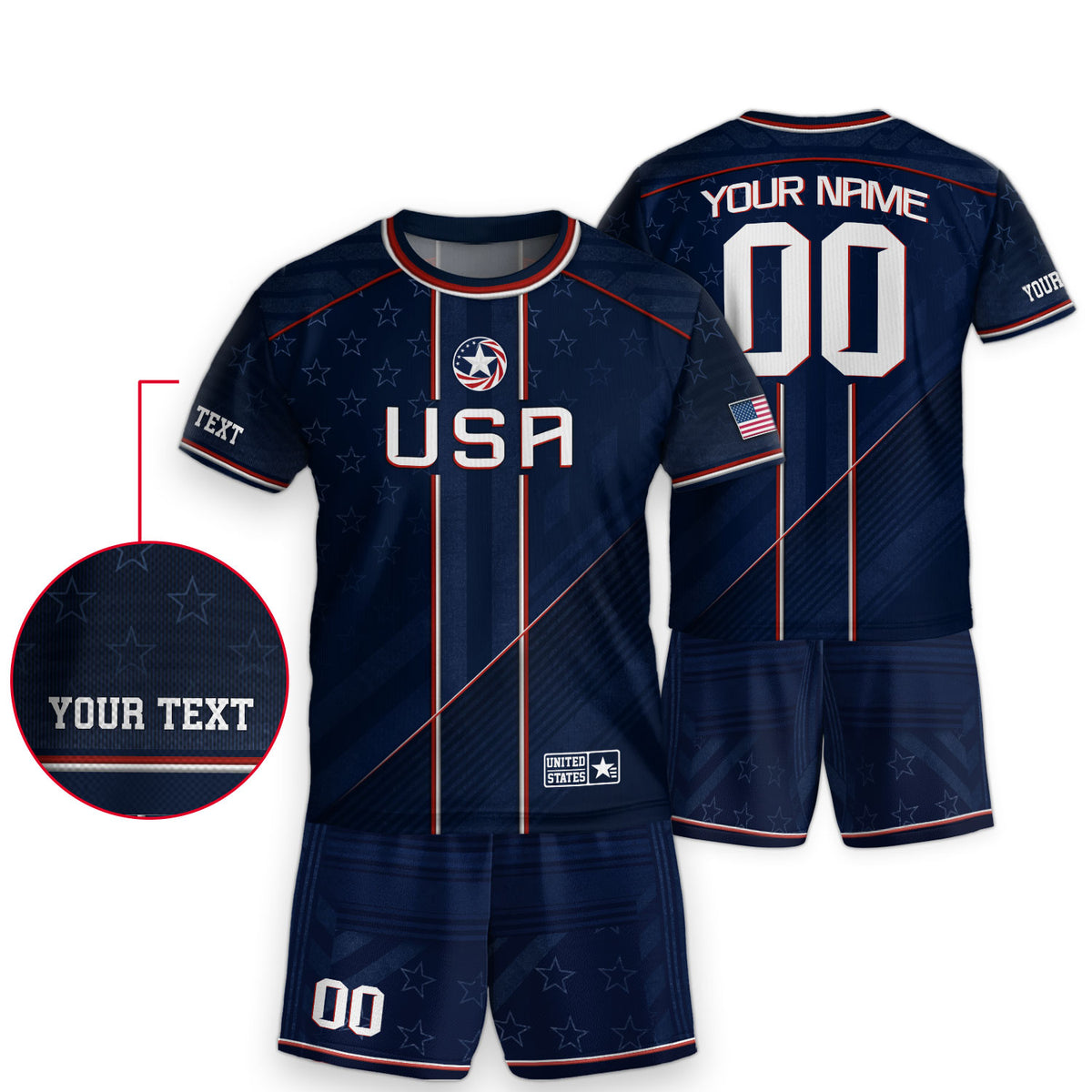 Custom Navy Blue USA Team Soccer Jersey and Shorts Kid Personalized - Rust Field Wear