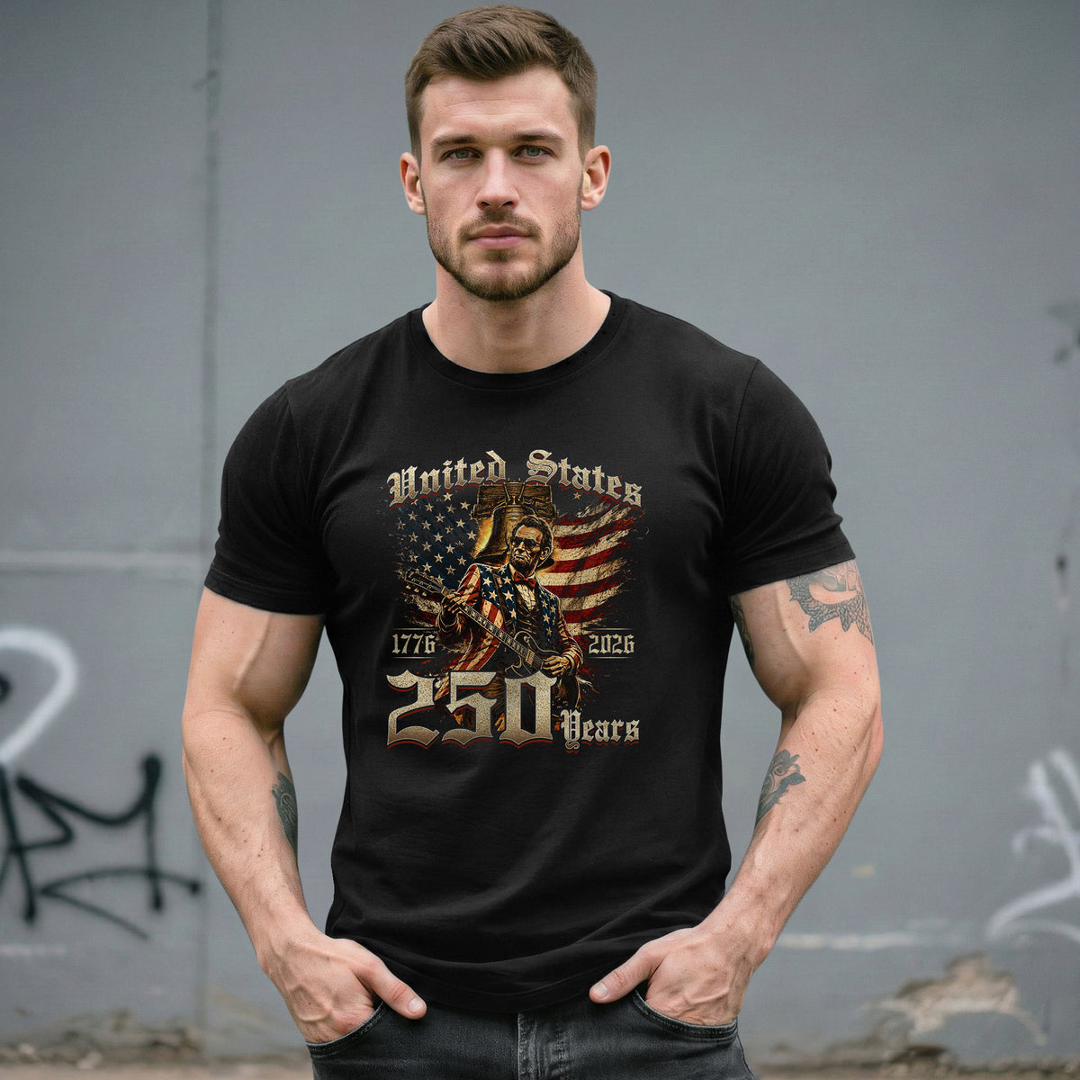 Lincoln Rock Guitar Patriotic T-Shirt - Vintage 1776 2026 Liberty Bell Graphic Tee - Rust Field Wear