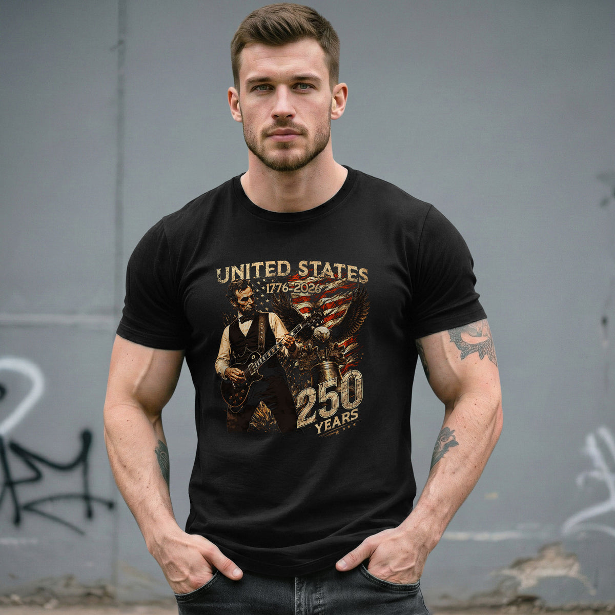 Abraham Lincoln T Shirt Rockstar Guitar Design - Vintage Eagle 1776 2026 Patriotic Tee - Rust Field Wear
