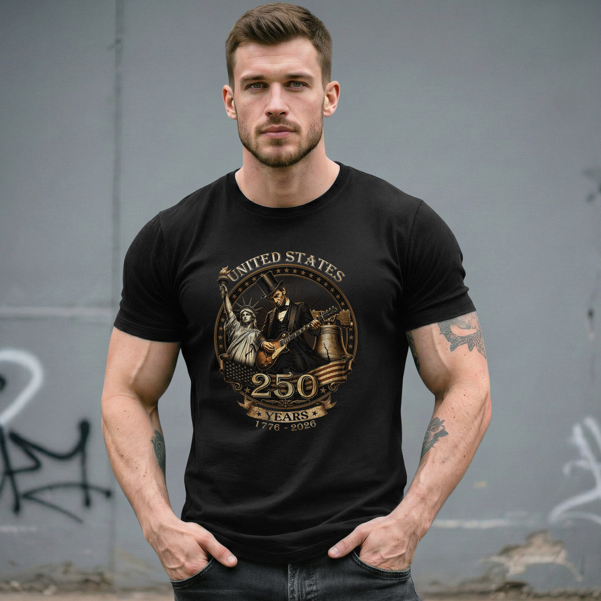 Lincoln Rock Guitar Patriotic T-Shirt - Vintage Statue of Liberty 1776 2026 Apparel - Rust Field Wear
