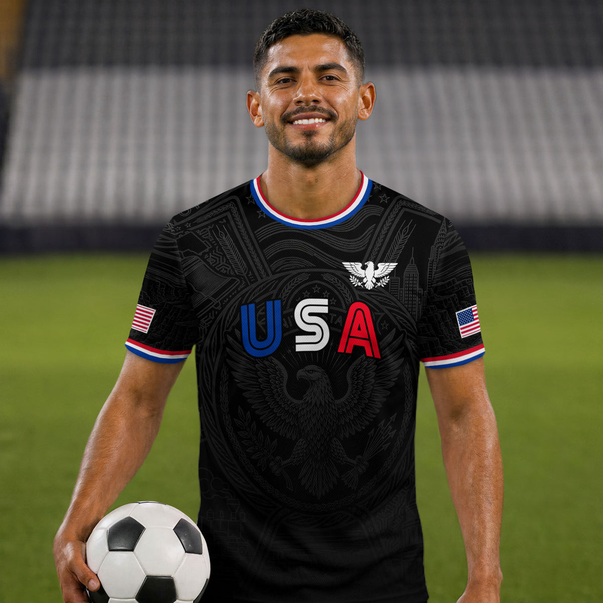 USA Patriotic Soccer Jersey Adult Black Eagle American Flag Independence Day Shirt