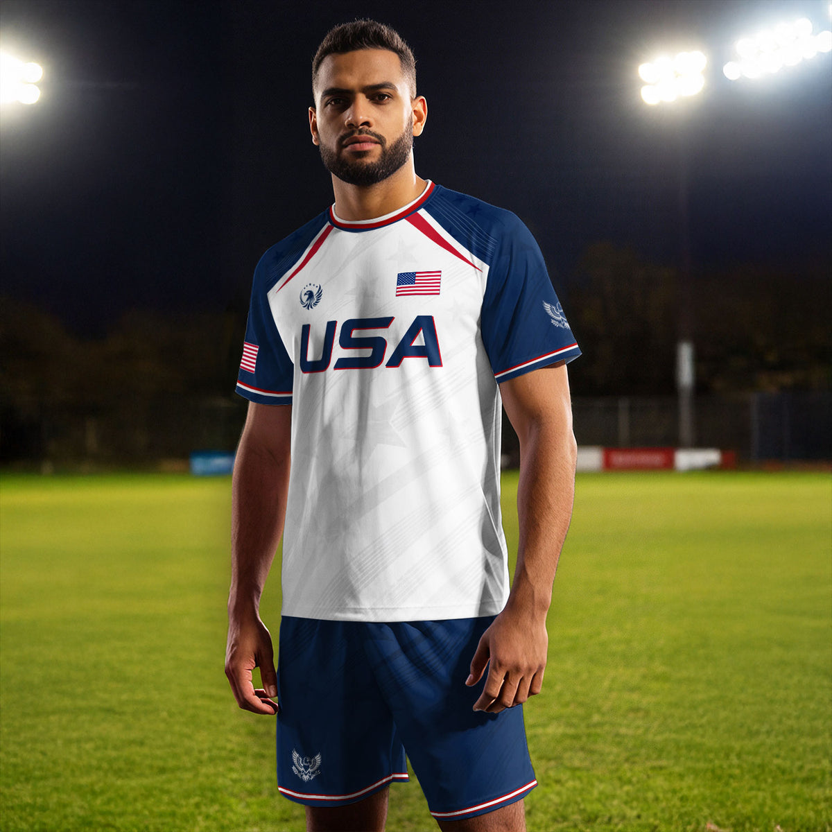 USA Soccer Jersey Adult White Navy Patriotic Diagonal Stripe Shirt United States Tee - Rust Field Wear