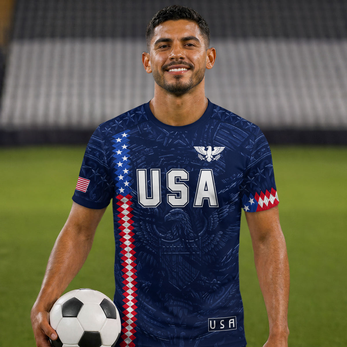 USA Soccer Jersey Men Navy Blue Eagle Flag Pattern Patriotic Football Shirt