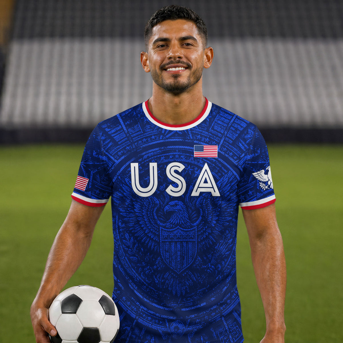 USA Soccer Jersey Men Royal Blue Eagle Graphic Patriotic Football T-Shirt