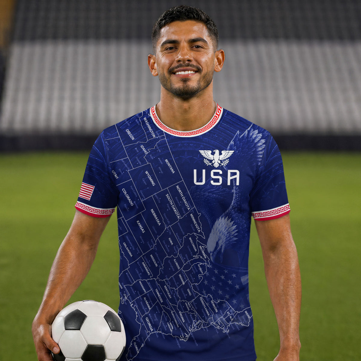 USA Soccer Jersey Men Navy Blue Eagle Map Graphic Patriotic Football T-Shirt