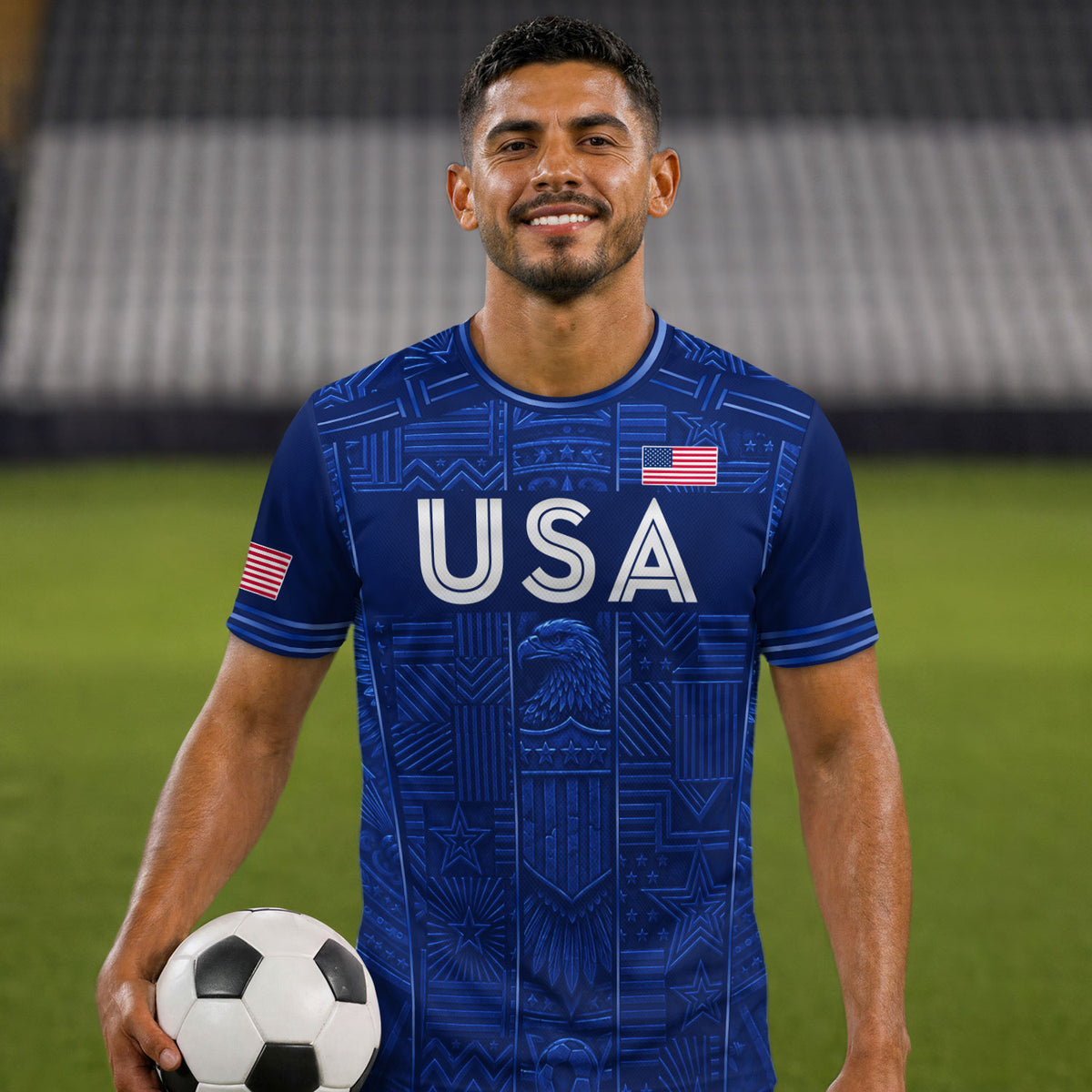 USA Soccer Jersey Men Navy Blue Eagle Star Pattern Patriotic Football T-Shirt