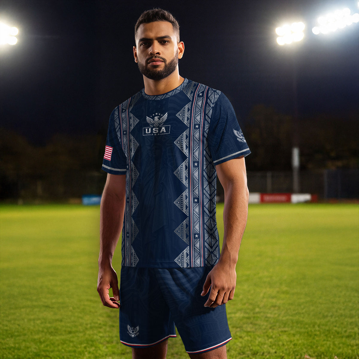 Adult Soccer Jersey Blue Patriotic Design - Iconic Statue of Liberty Sport Graphic Tee - Rust Field Wear