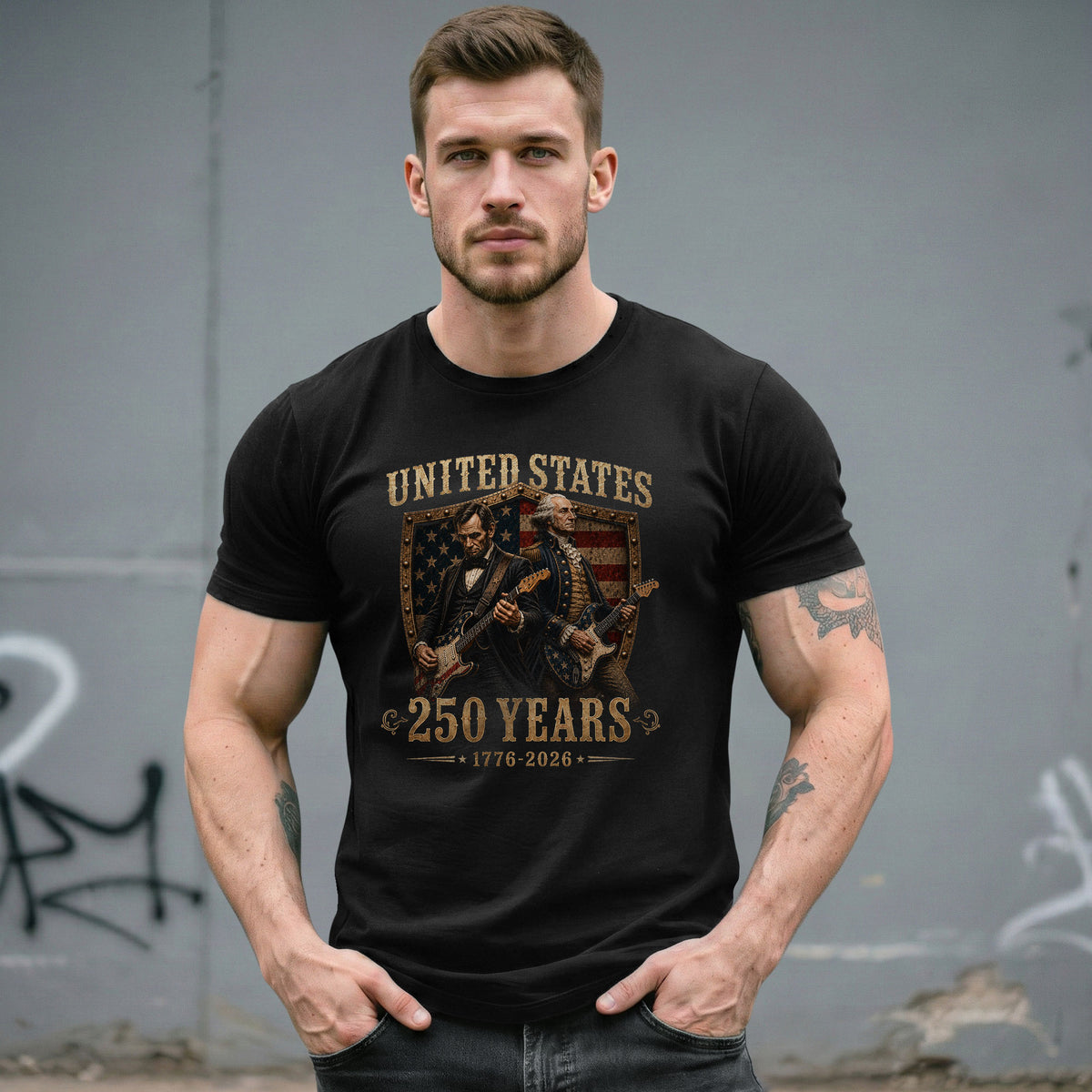 George Washington Abraham Lincoln Guitar T-Shirt 1776-2026 Patriotic 4th Of July Tee - Rust Field Wear