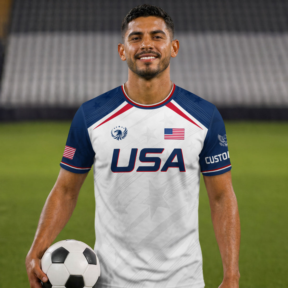 Custom Adult USA Soccer Jersey White Red Blue Patriotic American Team Football Shirt - Rust Field Wear