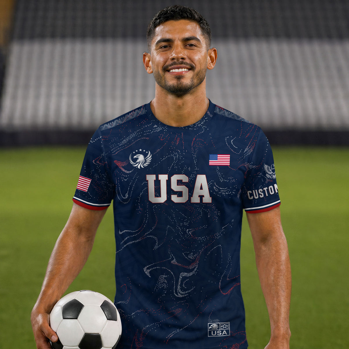 Custom Adult USA Soccer Jersey Navy Blue Patriotic American Flag Marble Football Shirt - Rust Field Wear
