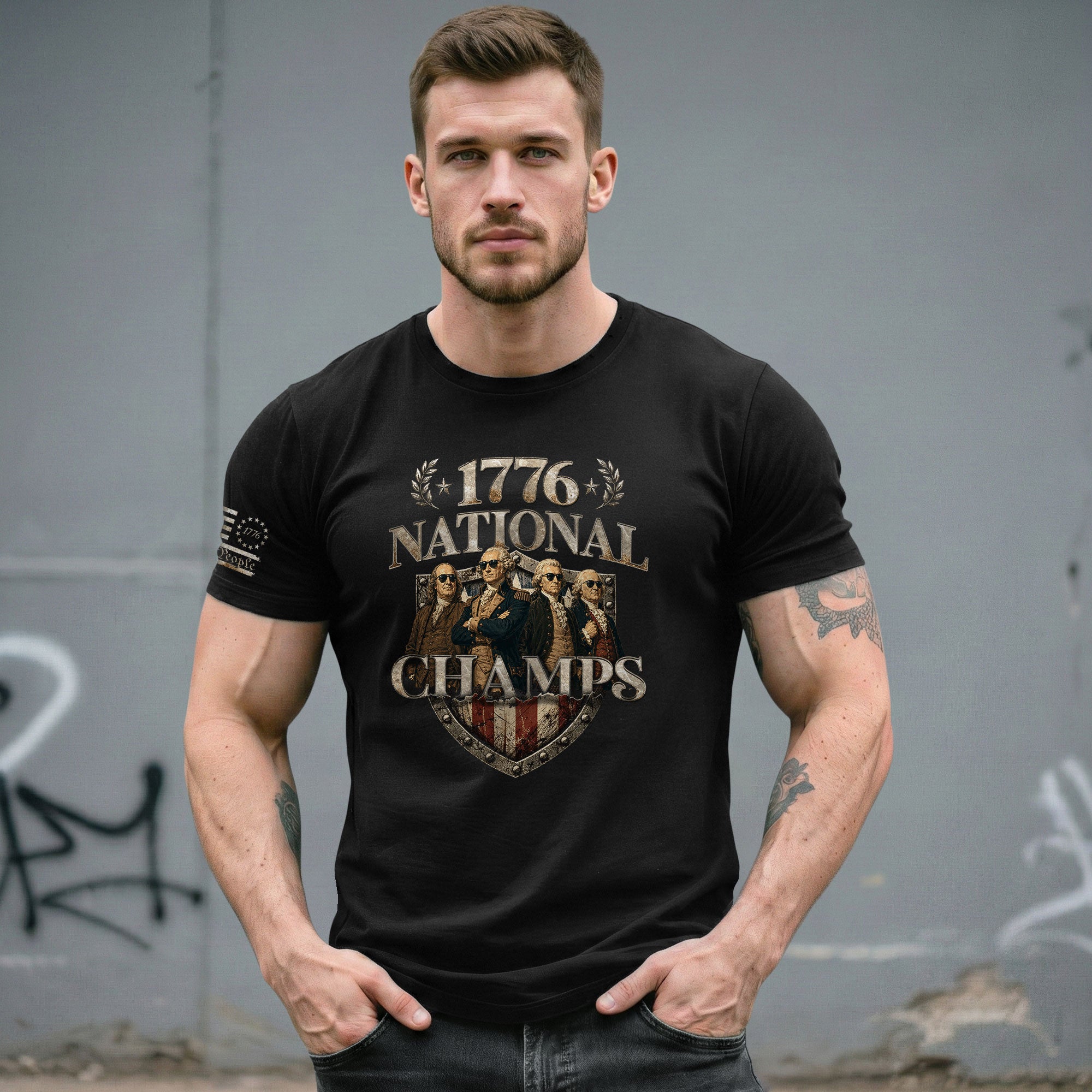 1776 National Champs T-Shirt Shield US Founding Fathers Patriotic 4th of July Graphic Tee - Rust Field Wear