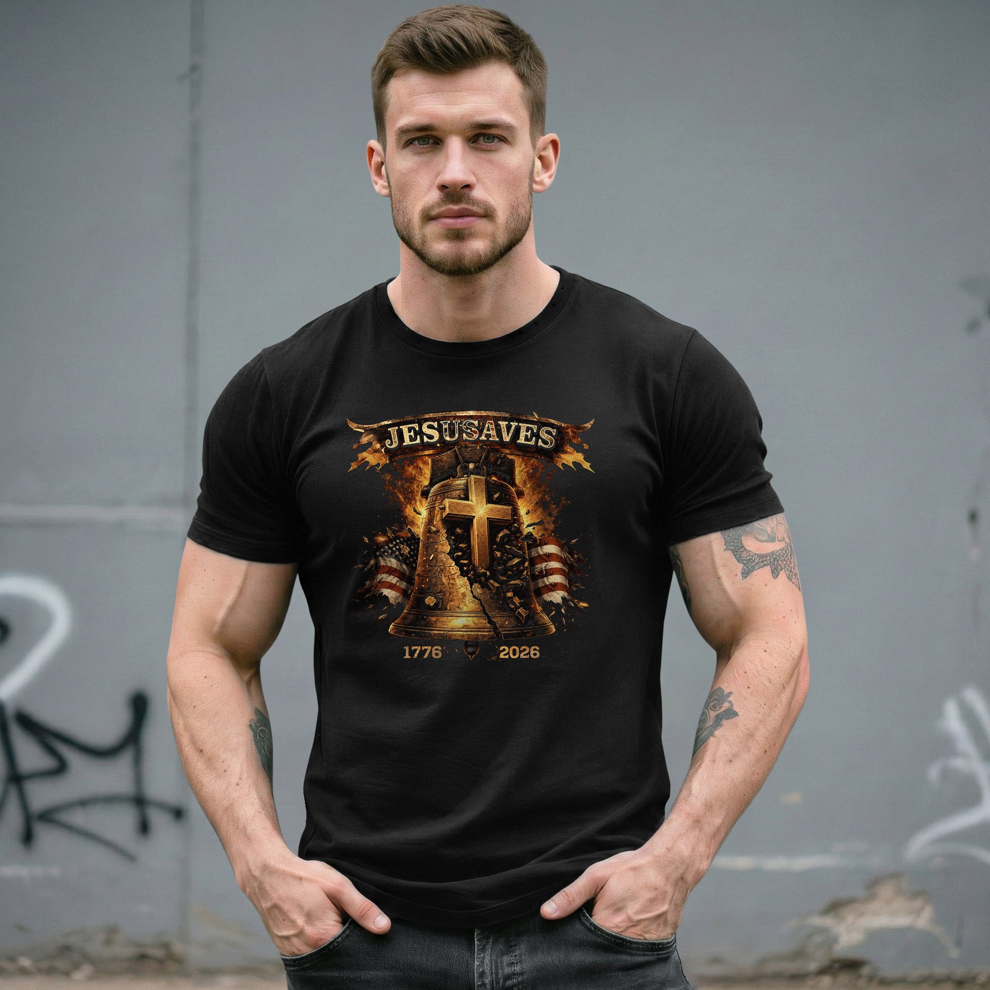 Faith Based JESUSAVES USA Flag Liberty Bell Graphic Tee 1776 to 2026 Commemorative Top - Rust Field Wear