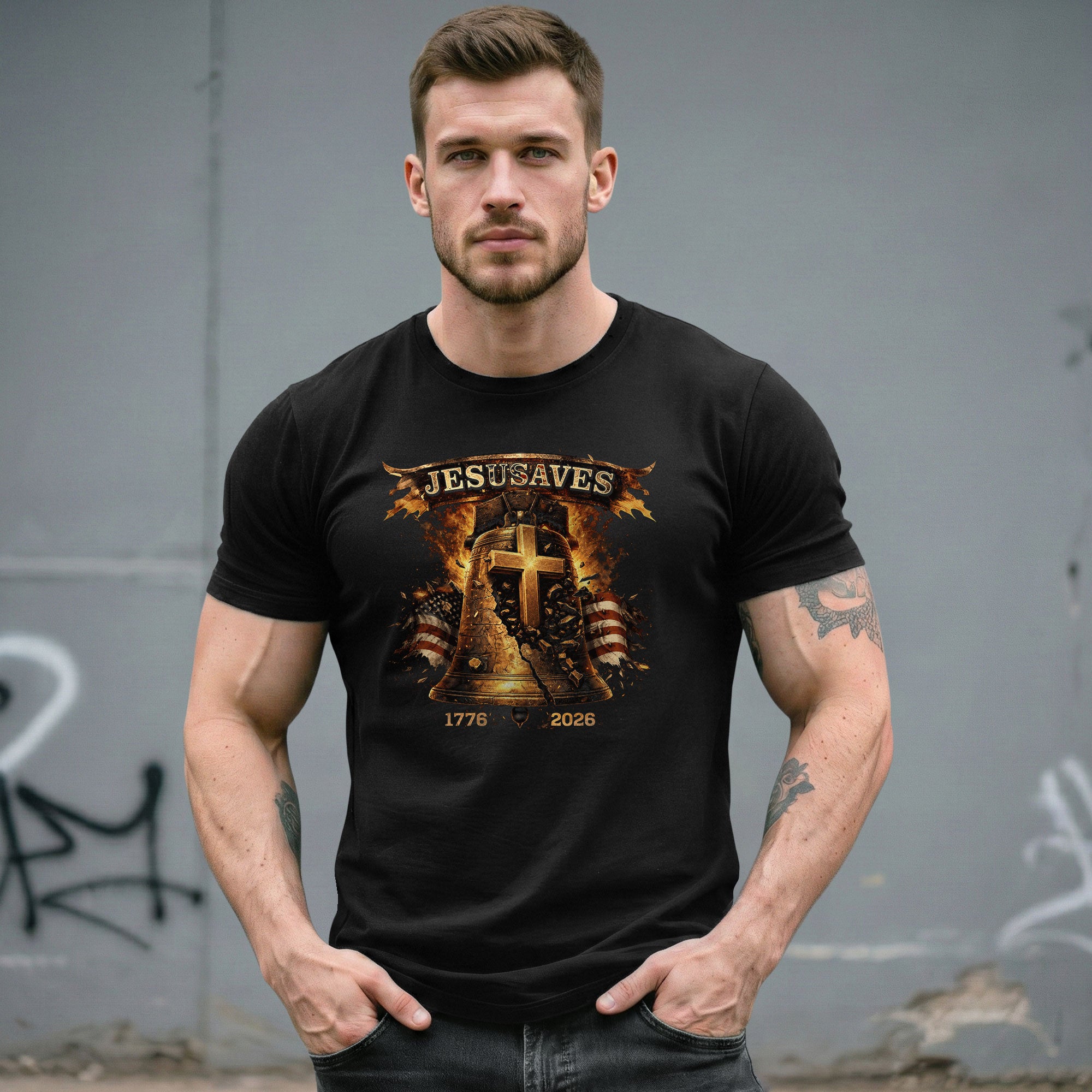 Faith Based JESUSAVES USA Flag Liberty Bell Graphic Tee 1776 to 2026 Commemorative Top - Rust Field Wear