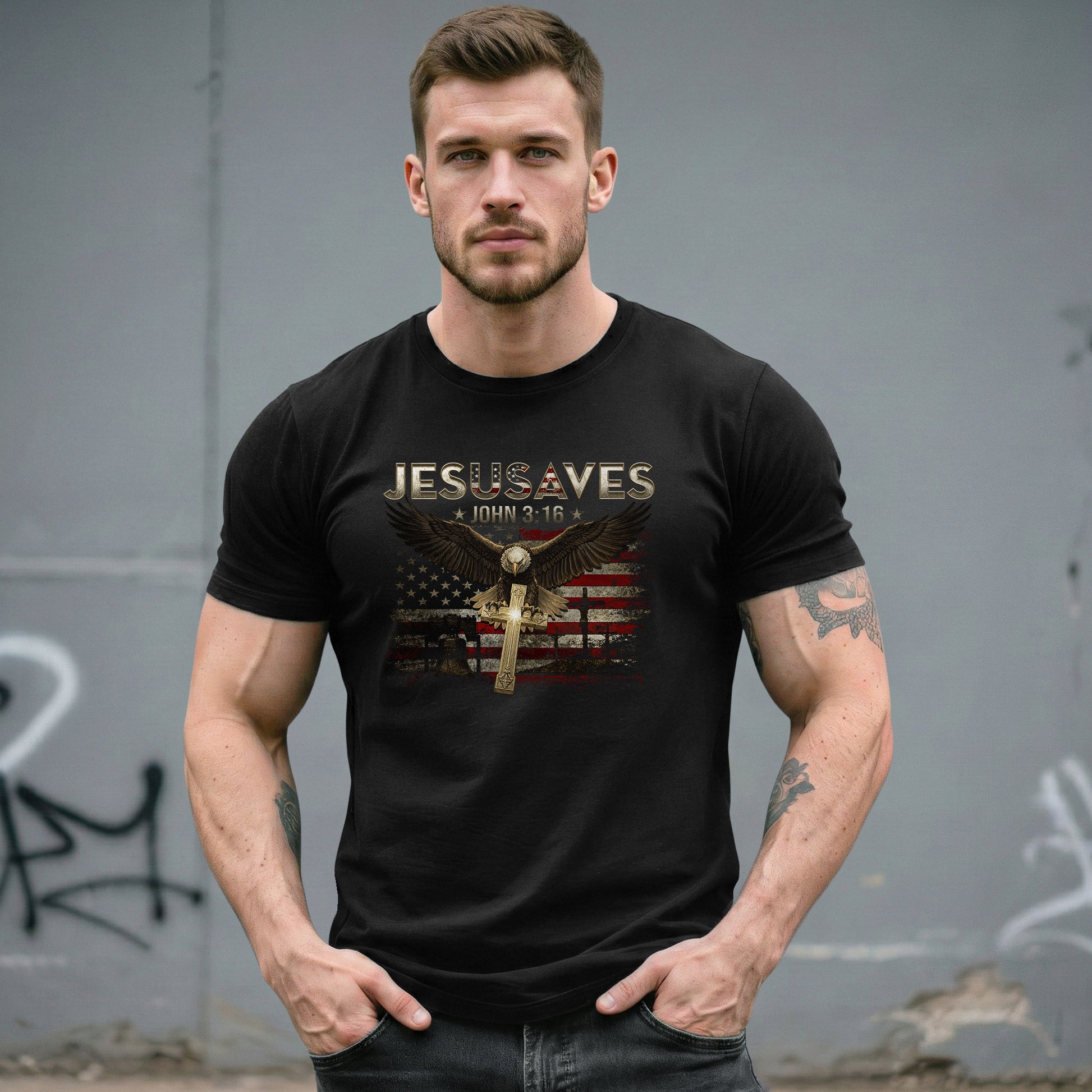 American Eagle JESUSAVES John 3 16 T Shirt Patriotic Religious Faith Graphic Cotton Tee - Rust Field Wear