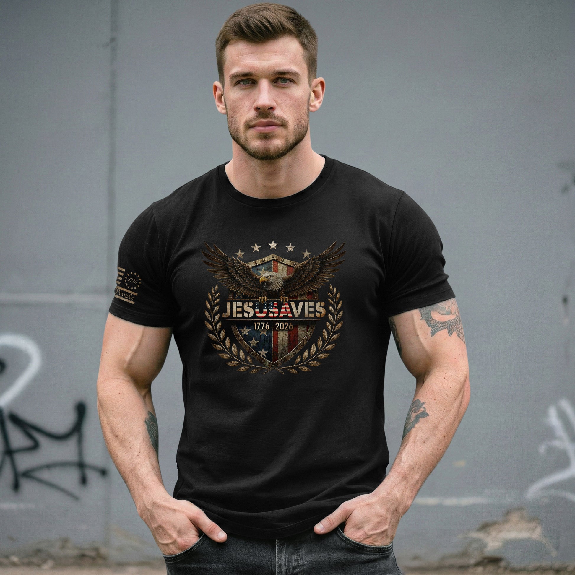 JESUSAVES 1776-2026 T-Shirt Patriotic American Eagle Graphic Tee - Classic Apparel Item - Rust Field Wear
