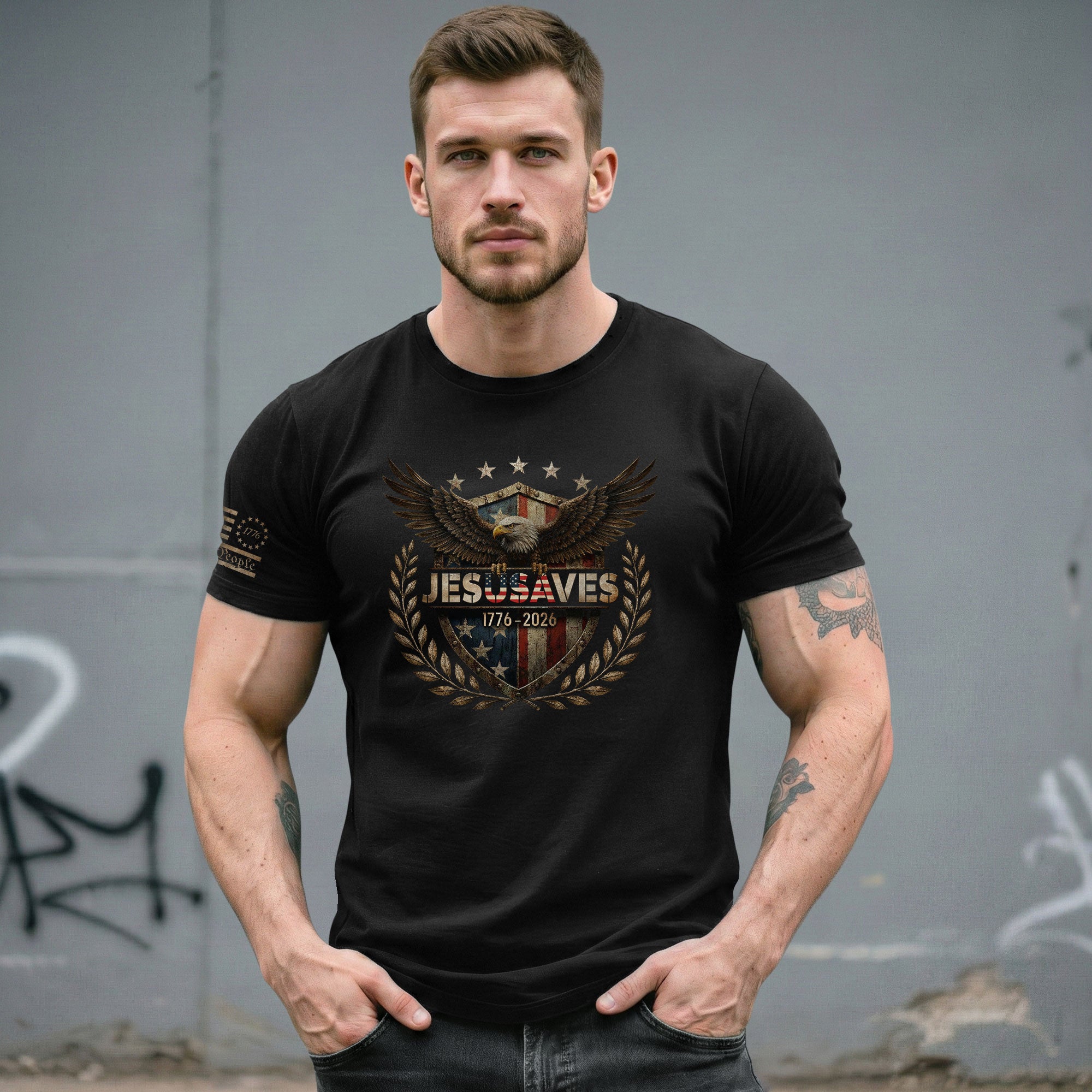 JESUSAVES 1776-2026 T-Shirt Patriotic American Eagle Graphic Tee - Classic Apparel Item - Rust Field Wear