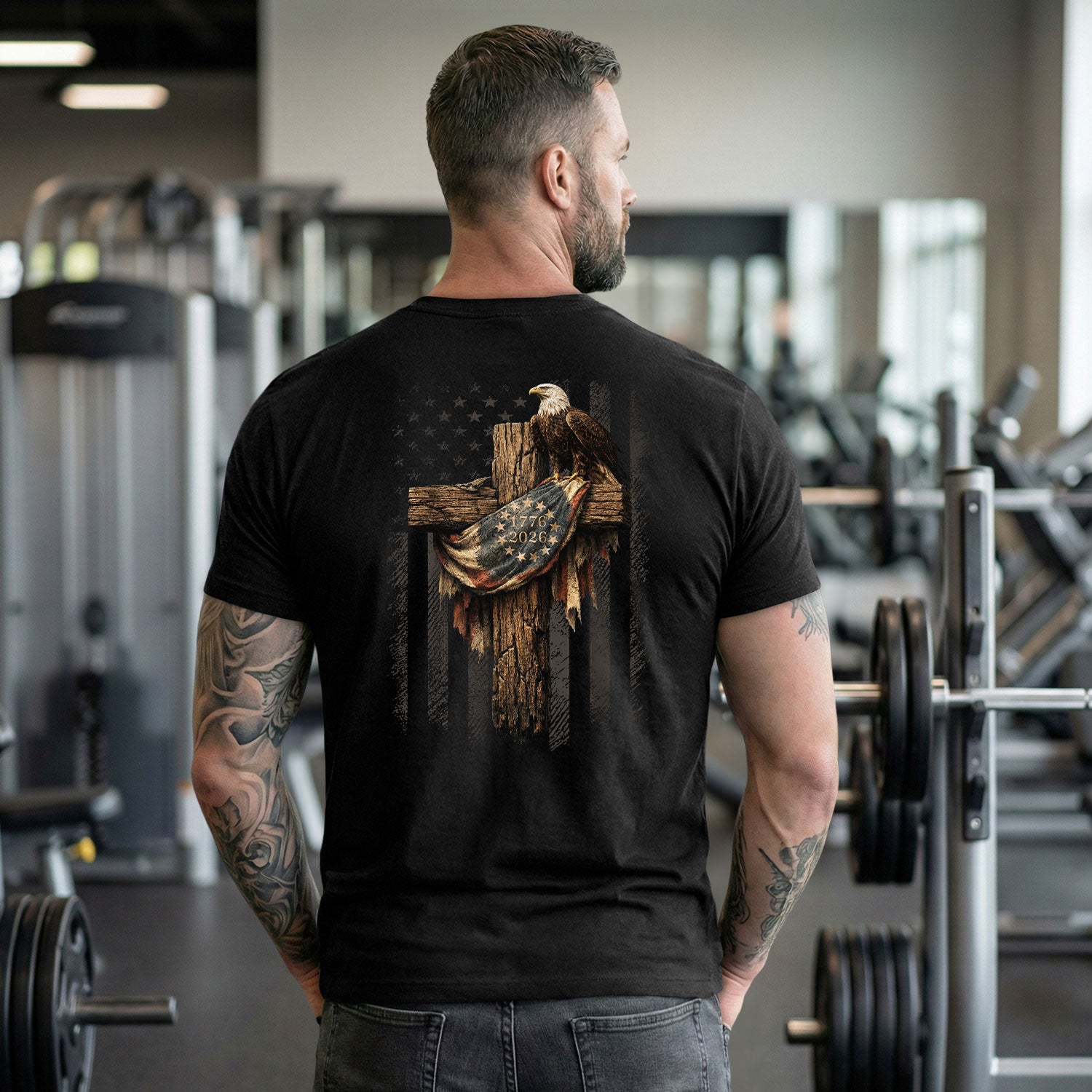 Patriotic JESUSAVES 1776-2026 Eagle T-Shirt American Flag Design - Versatile Apparel - Rust Field Wear