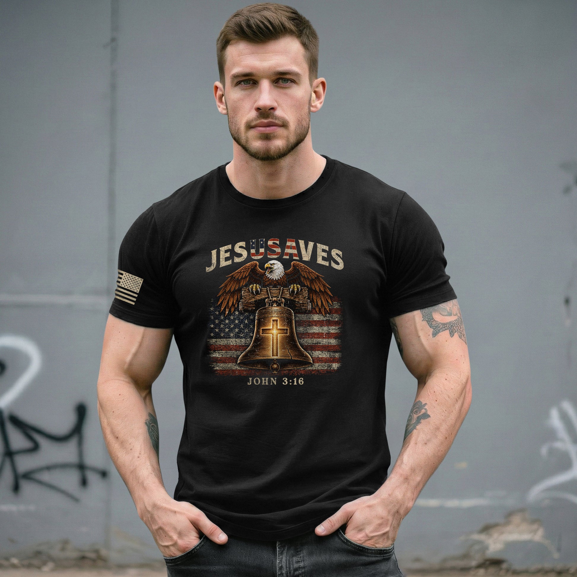 JESUSAVES American Eagle Bell Print T-Shirt Patriotic Graphic Casual Wear Unisex Tee - Rust Field Wear