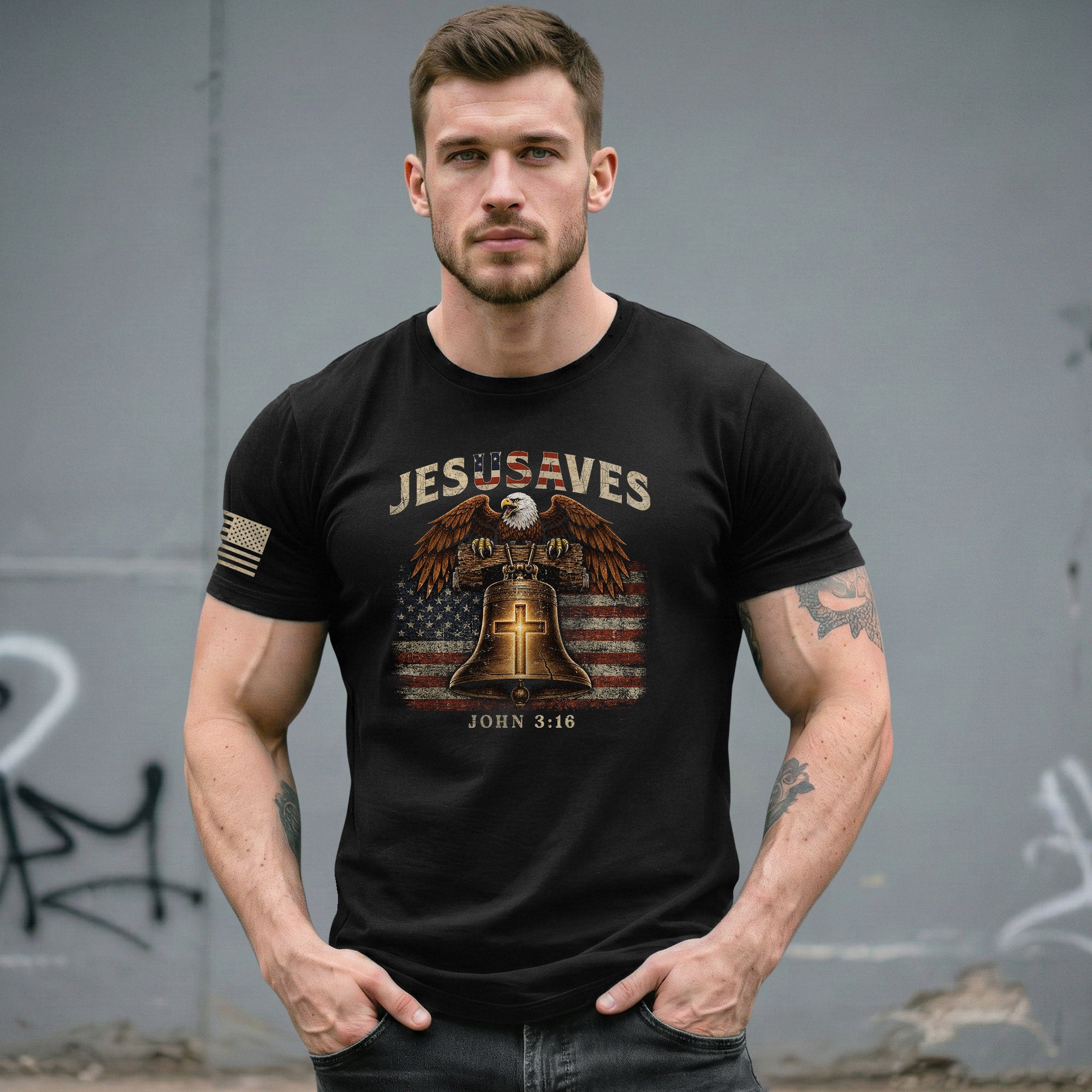 JESUSAVES American Eagle Bell Print T-Shirt Patriotic Graphic Casual Wear Unisex Tee - Rust Field Wear
