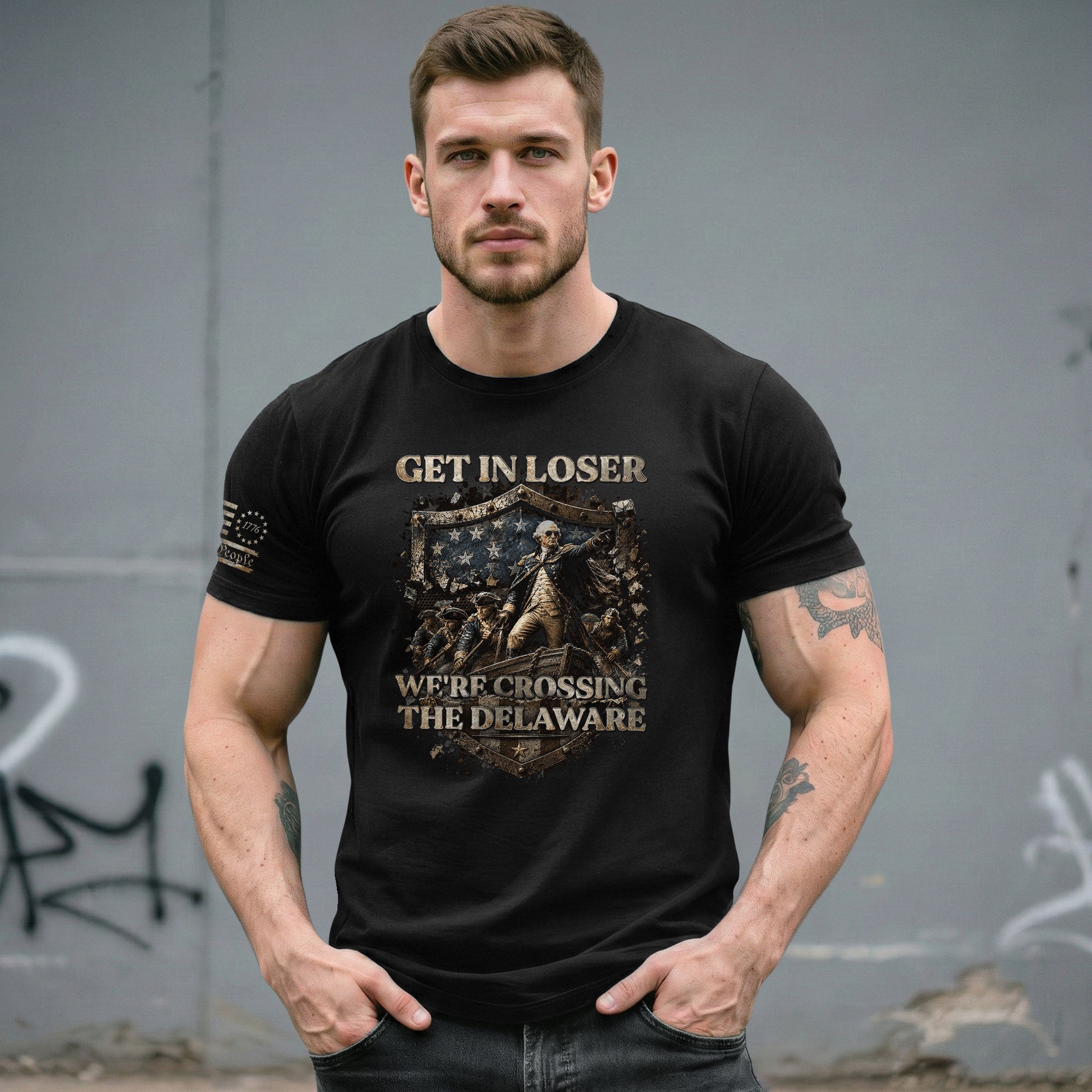 Get In Loser We're Crossing The Delaware T-Shirt George Washington Patriotic Sleeve Tee - Rust Field Wear
