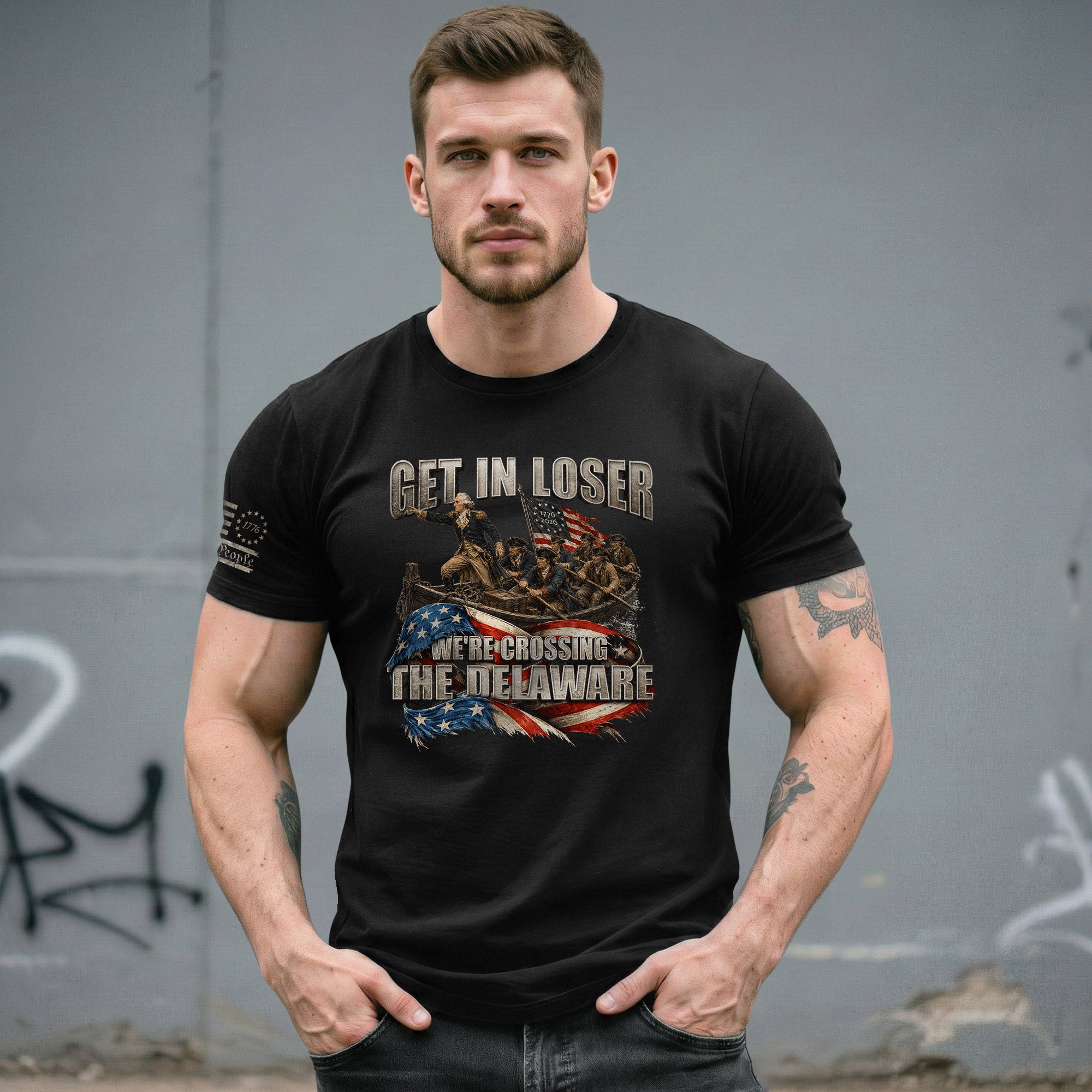 Get In Loser We're Crossing The Delaware T-Shirt George Washington Flag Patriotic Tee - Rust Field Wear