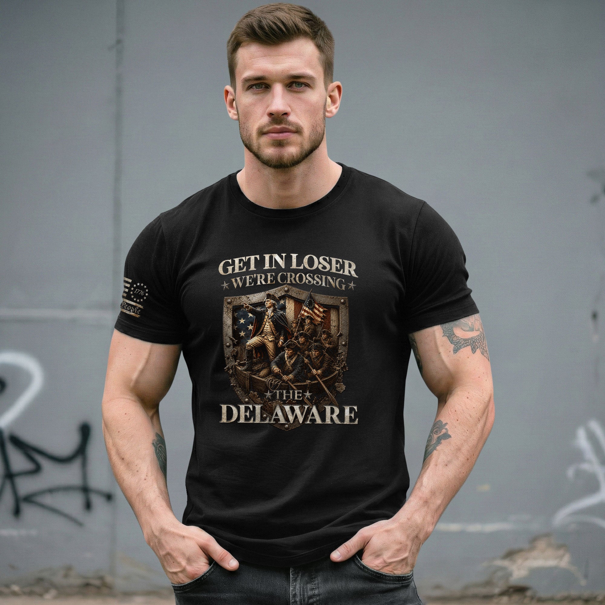 Get In Loser We're Crossing The Delaware George Washington Shield Patriotic T-Shirt - Rust Field Wear
