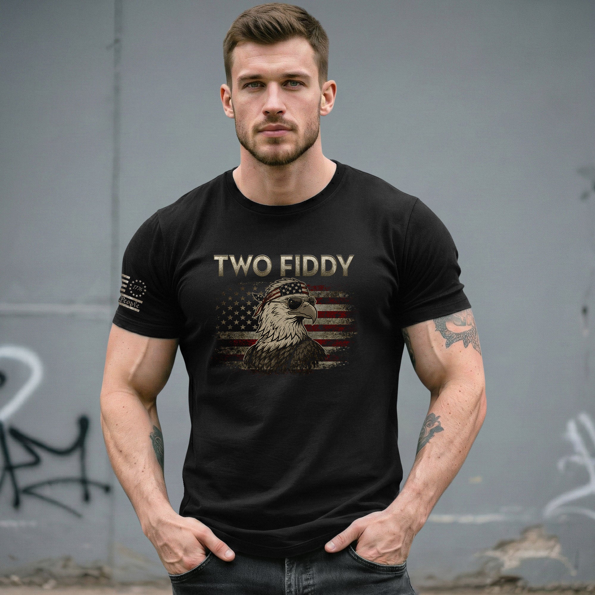 Two Fiddy Eagle Graphic Tee - Patriotic American Flag Bandana Style Men's Cotton Shirt - Rust Field Wear