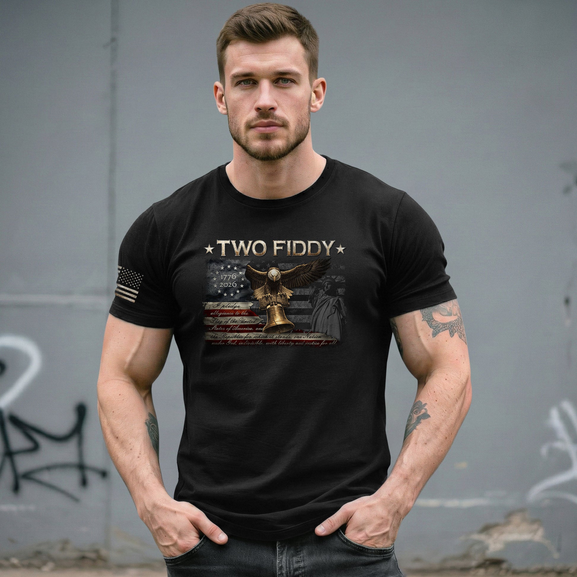Vintage Style Eagle Liberty Bell T-Shirt - Two Fiddy American Flag Patriotic Cotton Top - Rust Field Wear