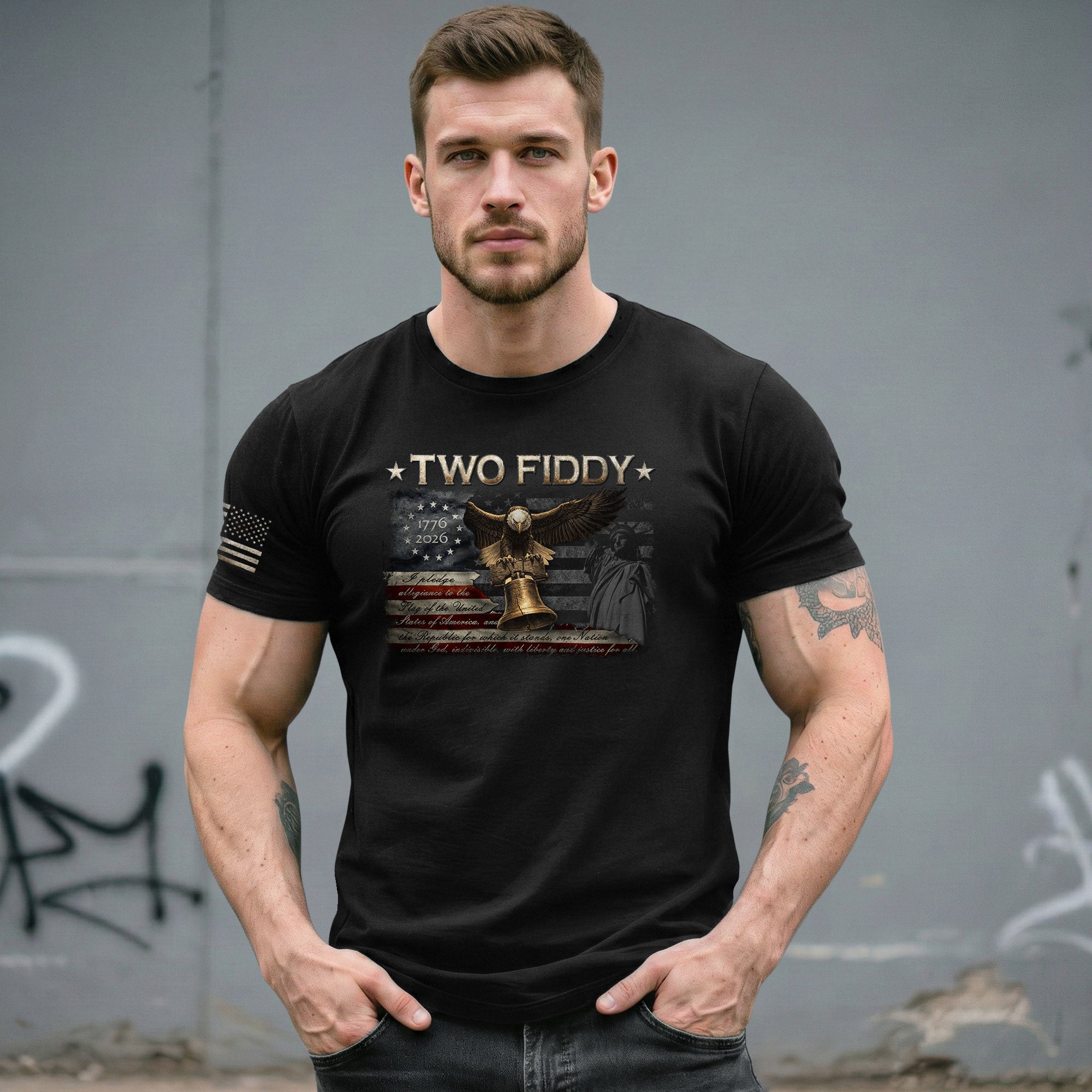 Vintage Style Eagle Liberty Bell T-Shirt - Two Fiddy American Flag Patriotic Cotton Top - Rust Field Wear