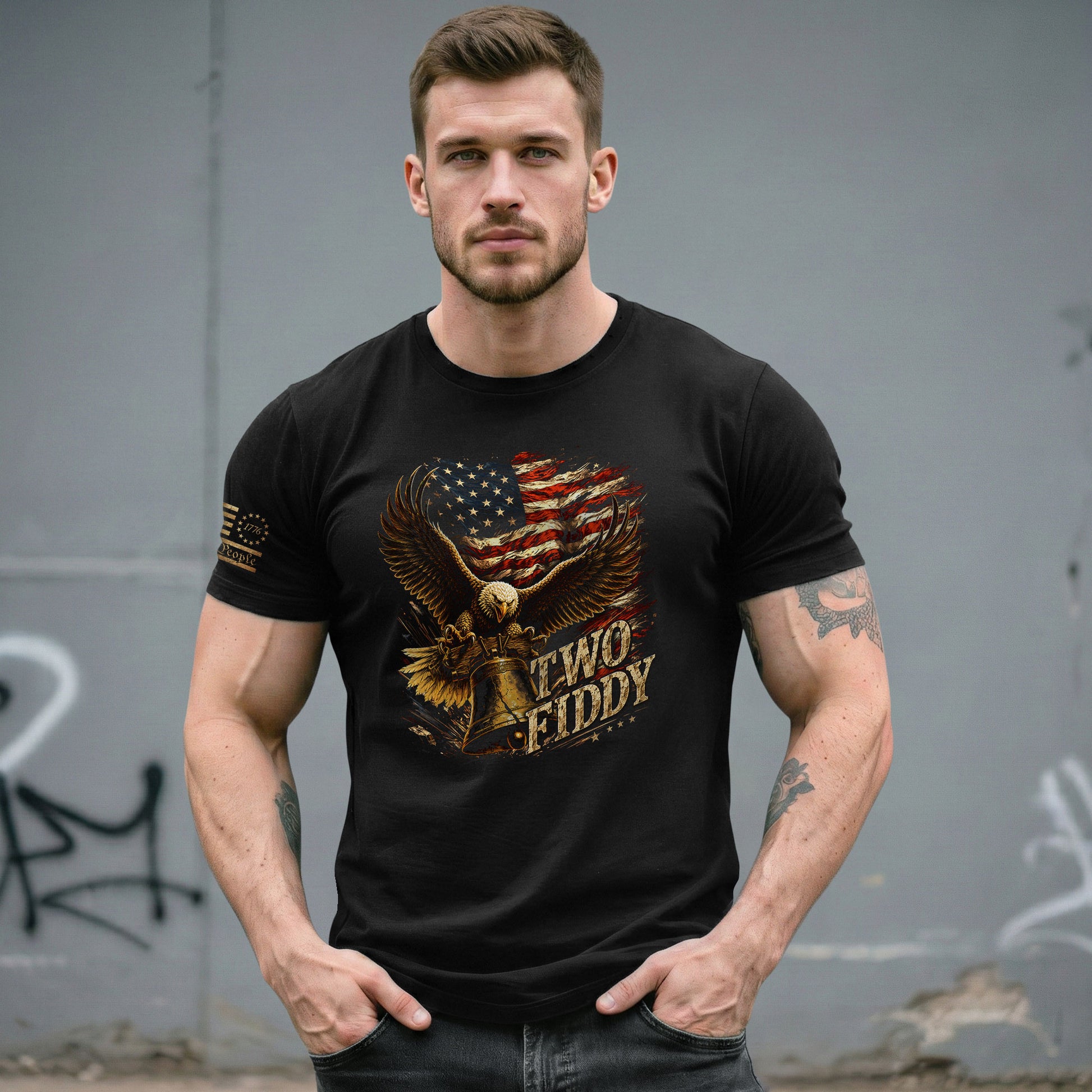 Iconic Patriotic Shirt - Two Fiddy Eagle Liberty Bell American Flag Graphic Design - Rust Field Wear