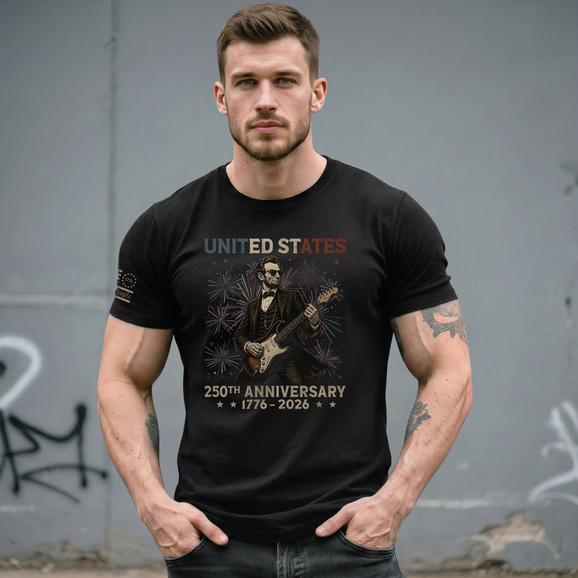 Lincoln Rock Guitar Shirt 1776 2026 Patriotic Fireworks We The People Graphic Tee - Rust Field Wear