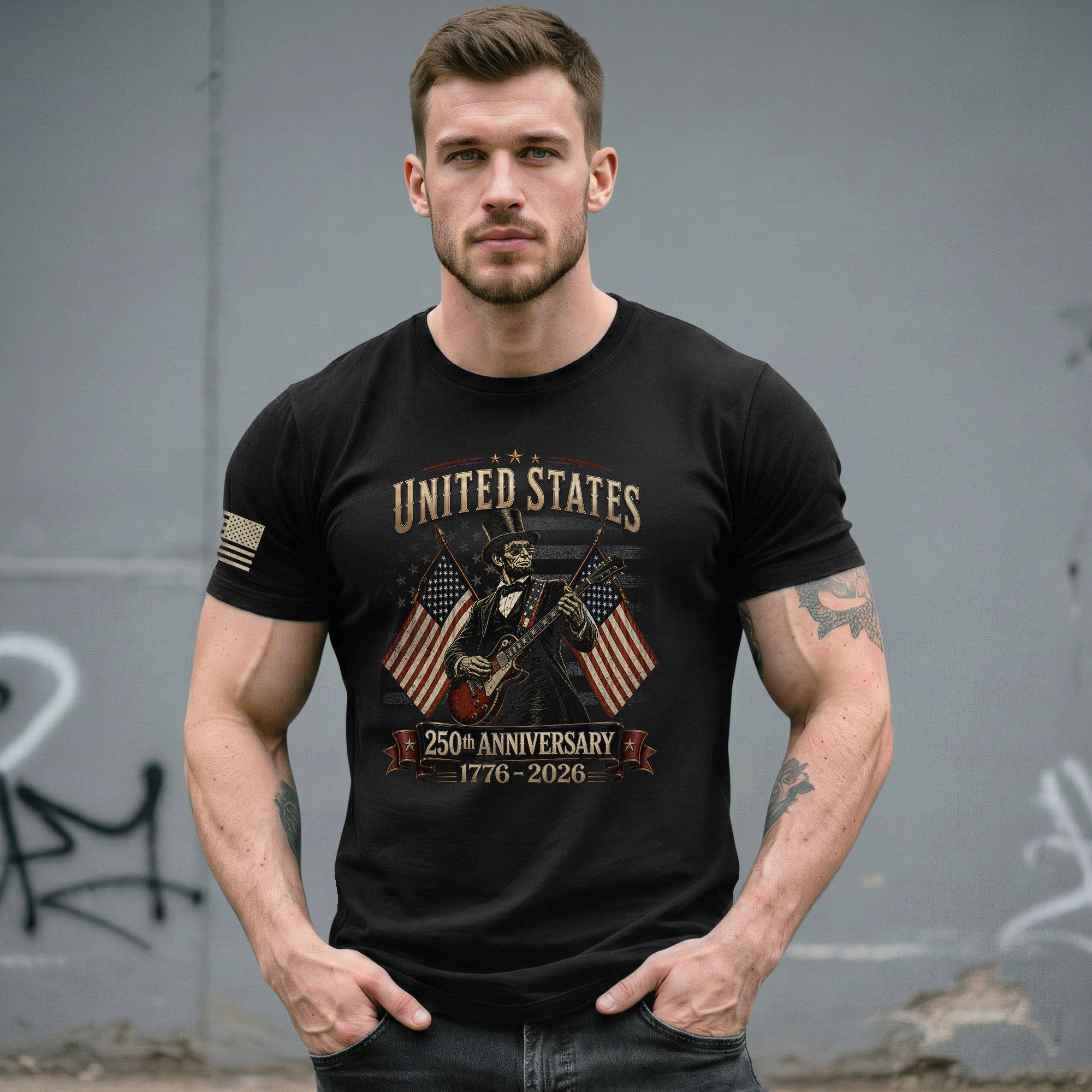 Patriotic Lincoln Electric Guitar T-Shirt 1776 2026 Vintage American Flags Tee Retro - Rust Field Wear