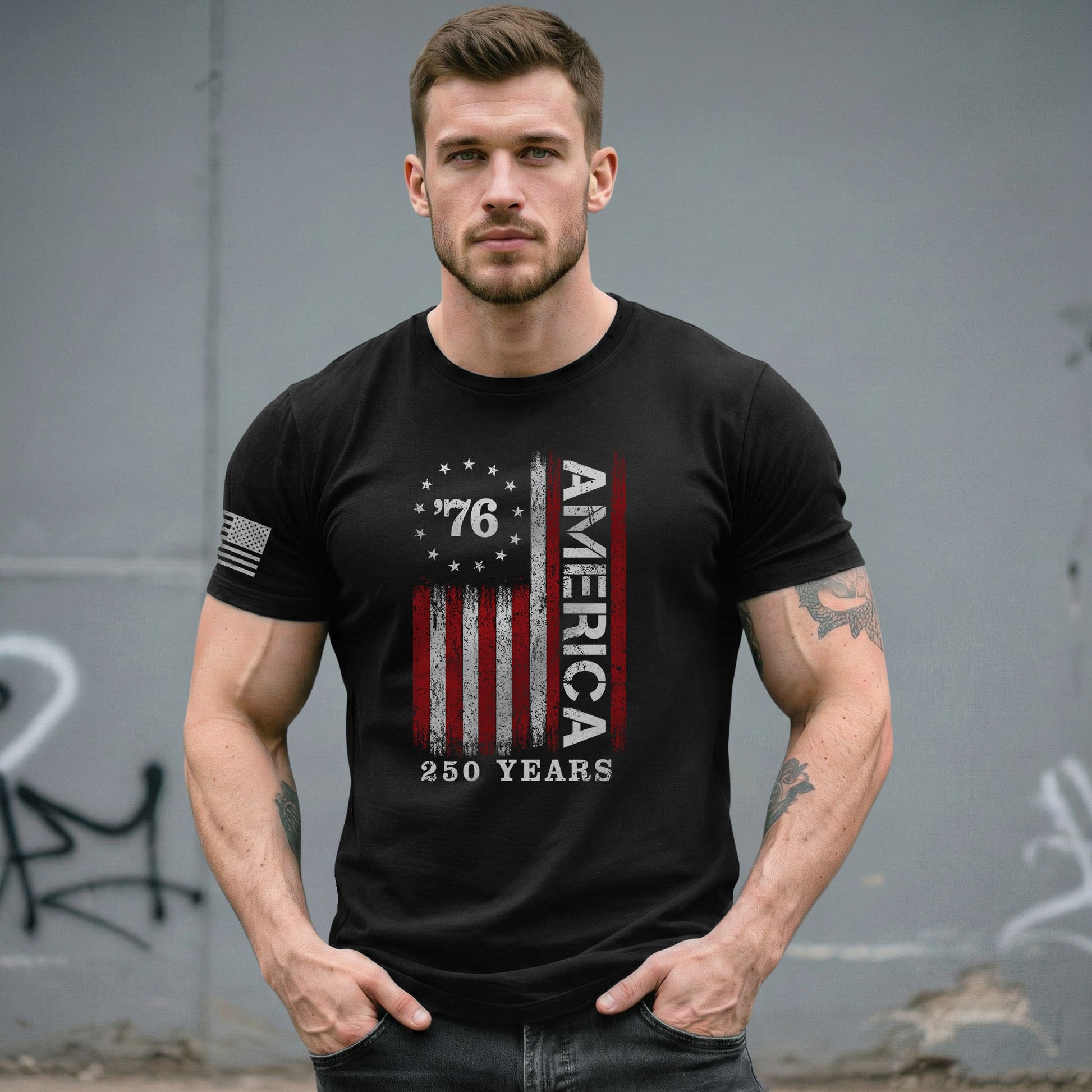 Classic Retro Style American Flag 76 Apparel Patriotic Graphic T-Shirt Holiday Wear - Rust Field Wear