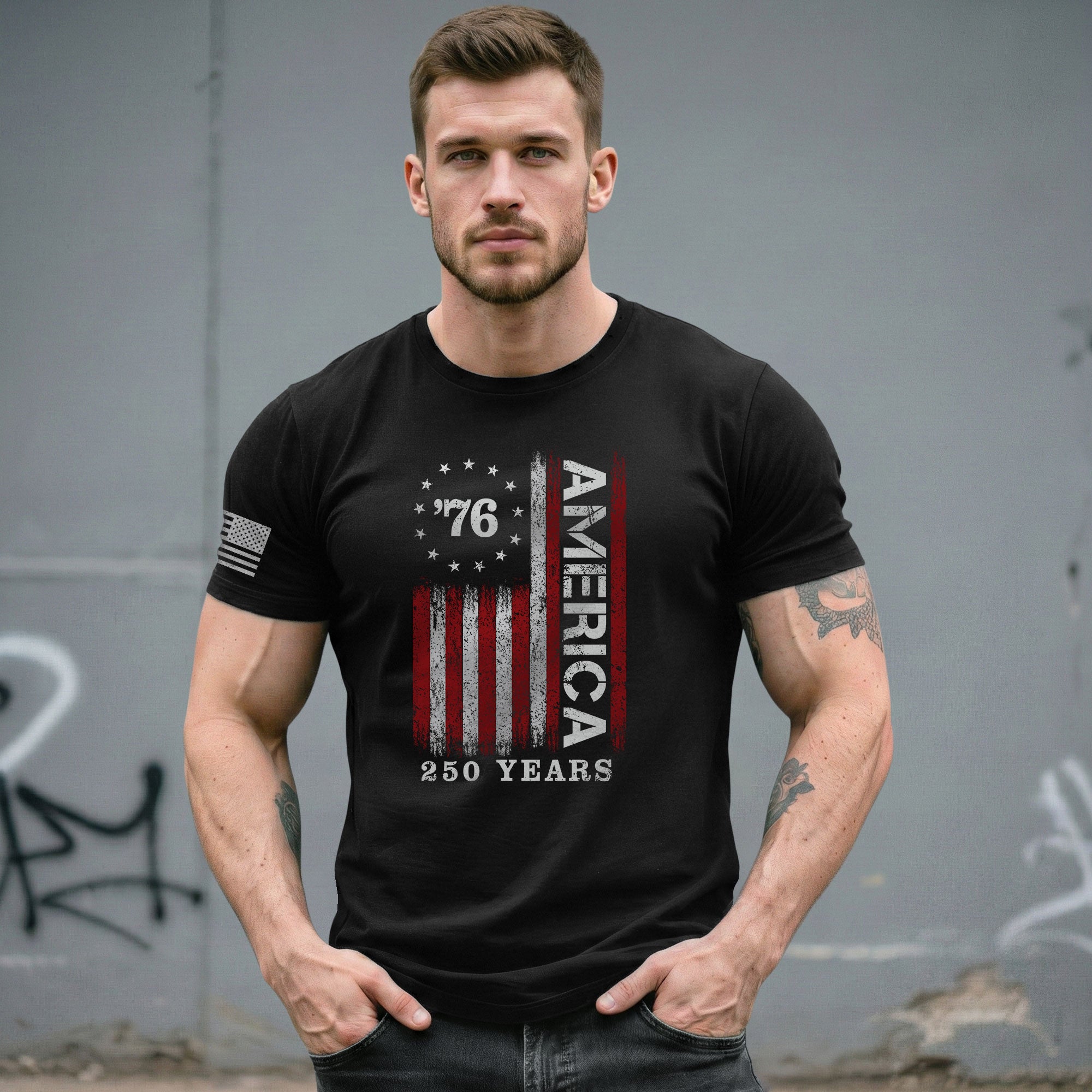 Classic Retro Style American Flag 76 Apparel Patriotic Graphic T-Shirt Holiday Wear - Rust Field Wear