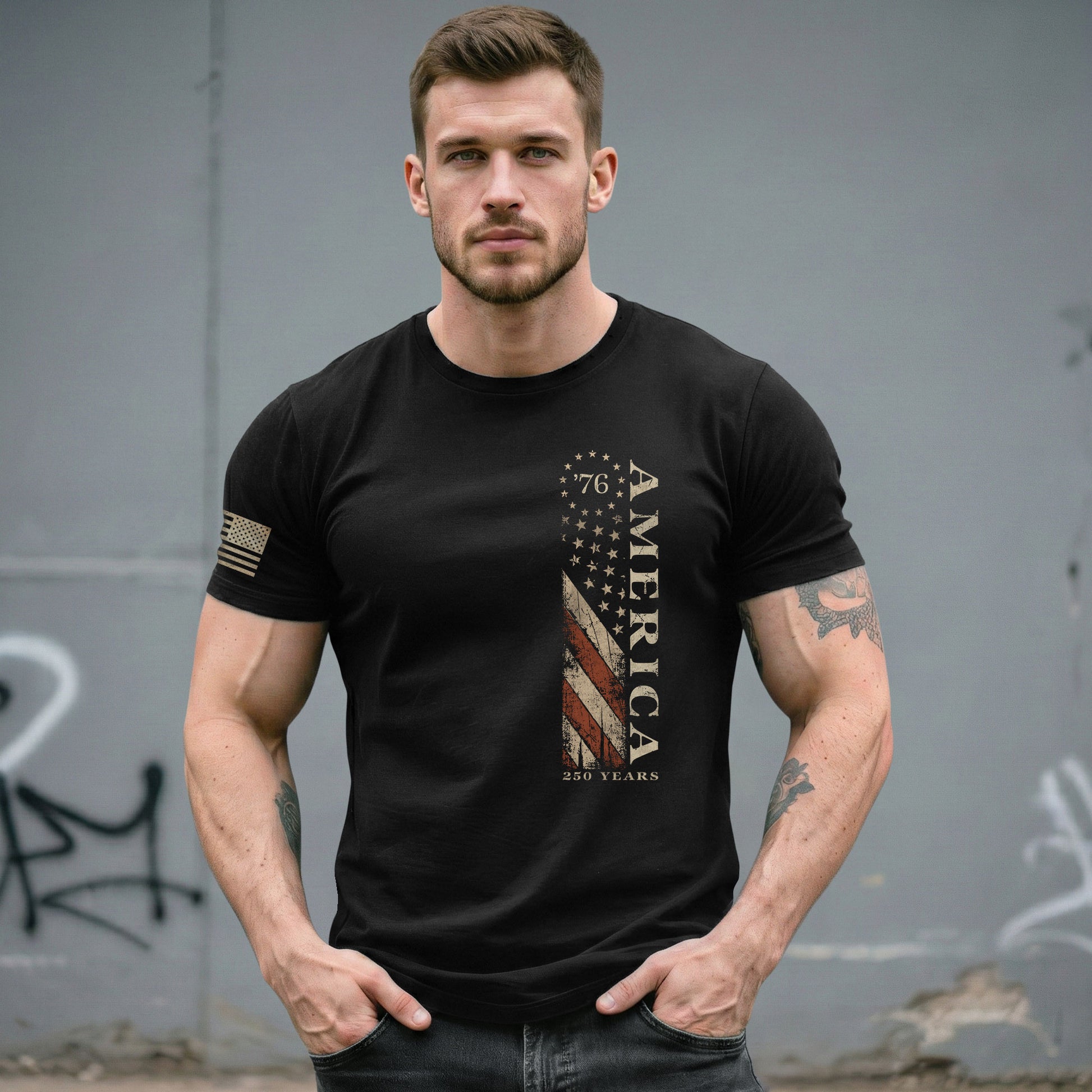 Vertical Flag America 76 T-Shirt Patriotic Vintage Style Graphic Tee Casual Shirt - Rust Field Wear