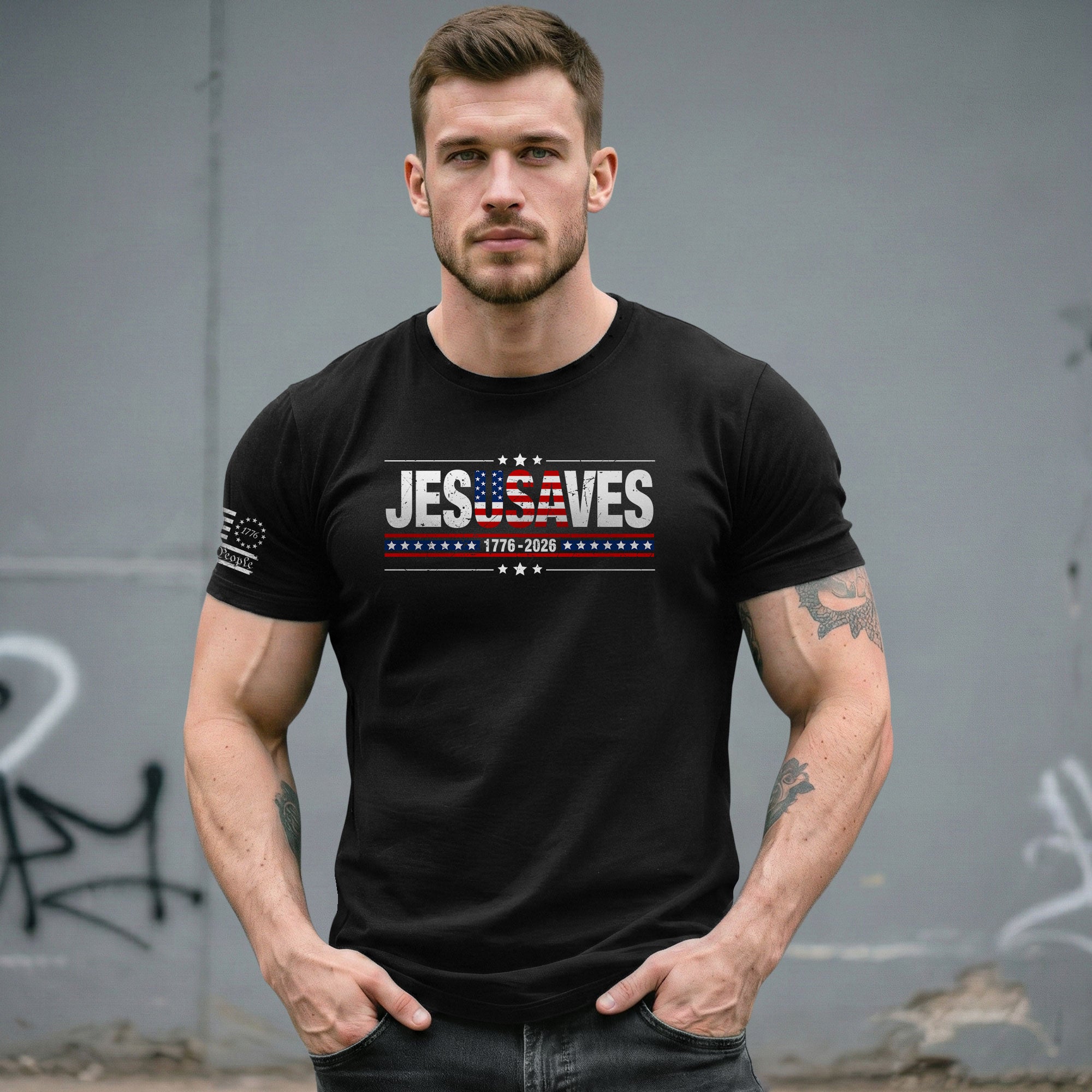 JESUSAVES T-Shirt USA Flag Patriotic 1776 2026 We The People Men Cotton Tee Shirt - Rust Field Wear