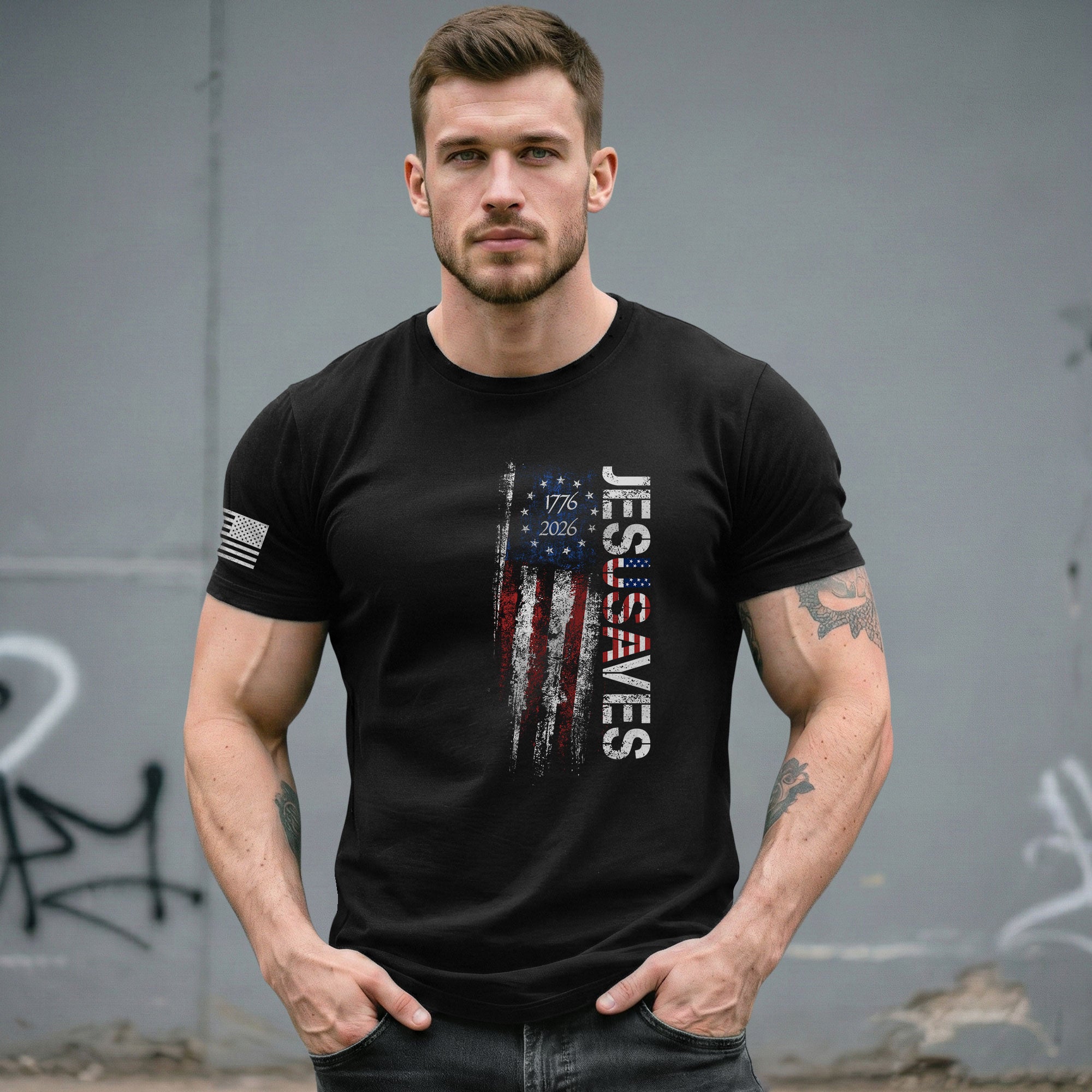 JESUSAVES T-Shirt USA Flag Patriotic 1776 2026 Betsy Ross Men Cotton Tee Shirt - Rust Field Wear