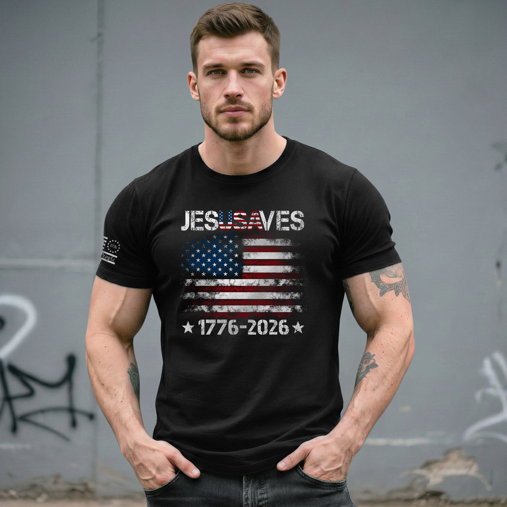 Patriotic JESUSAVES USA Flag Shirt Men 1776 2026 We The People Christian Cotton Tee - Rust Field Wear