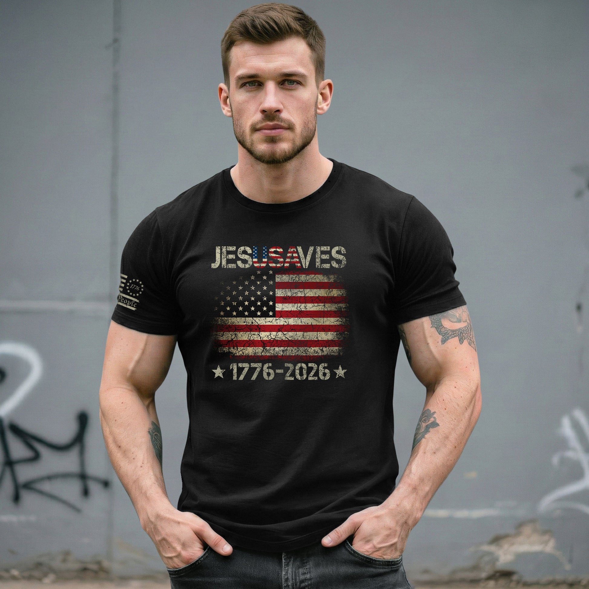 Vintage JESUSAVES USA Flag Shirt 1776 2026 We The People Men Patriotic Cotton Tee - Rust Field Wear