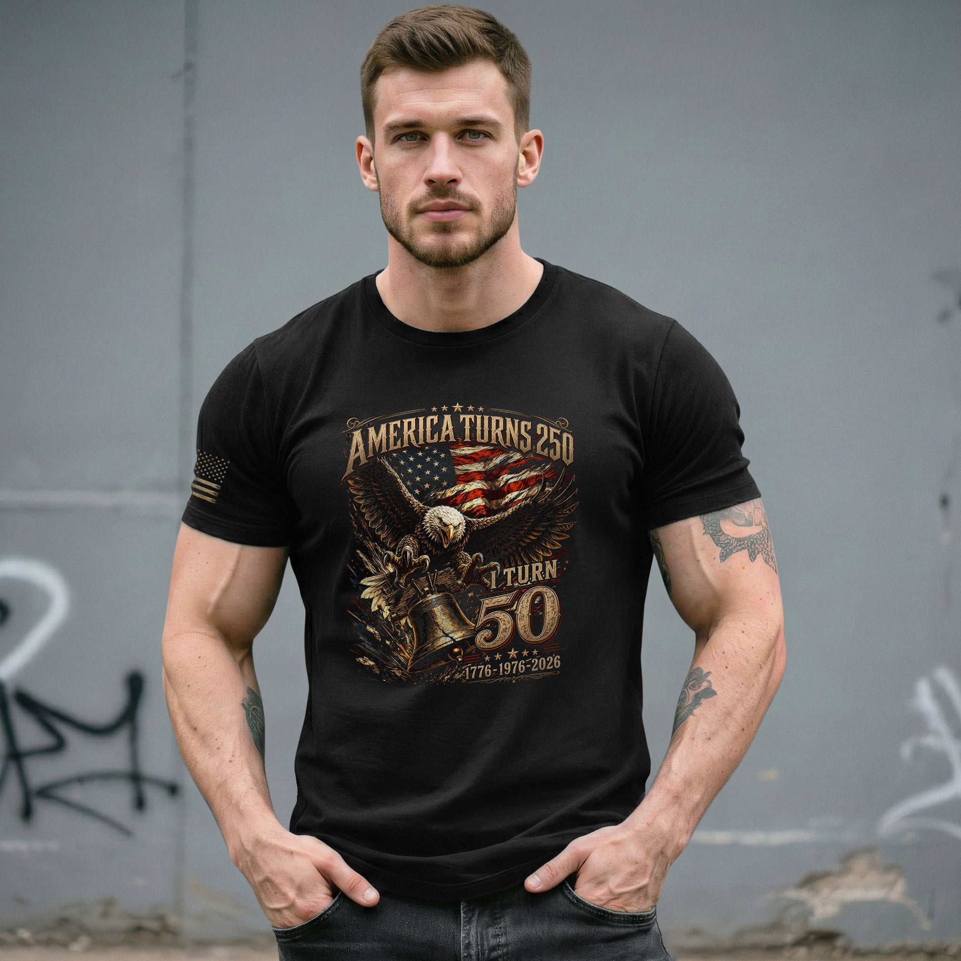 America Turns 250 I Turn 50 Eagle Bell Patriotic 50th Birthday 1976 T-Shirt Gift Tee - Rust Field Wear