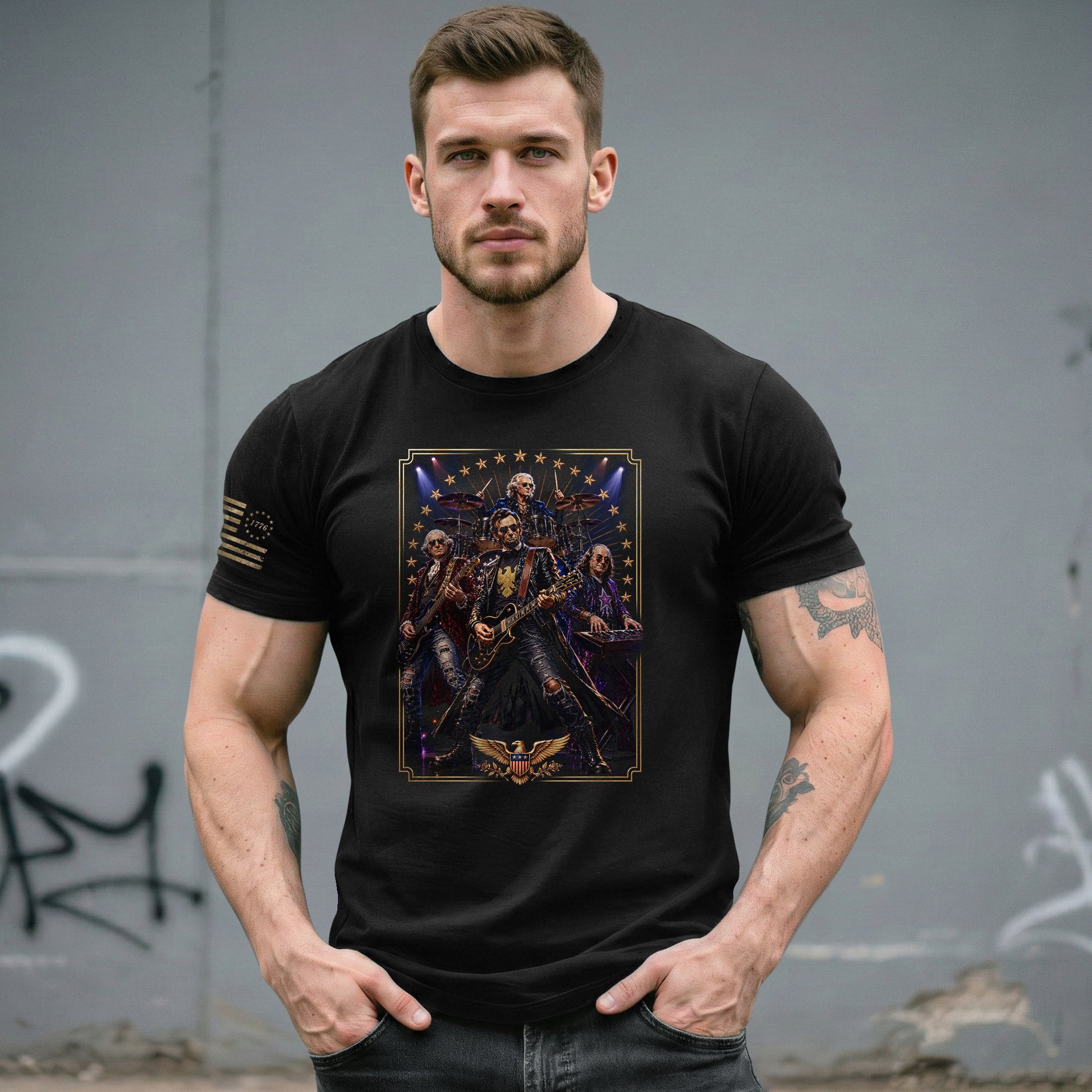 Patriotic Lincoln Guitar Player T-Shirt Vintage Rock Band Graphic Sleeve Tee - Rust Field Wear