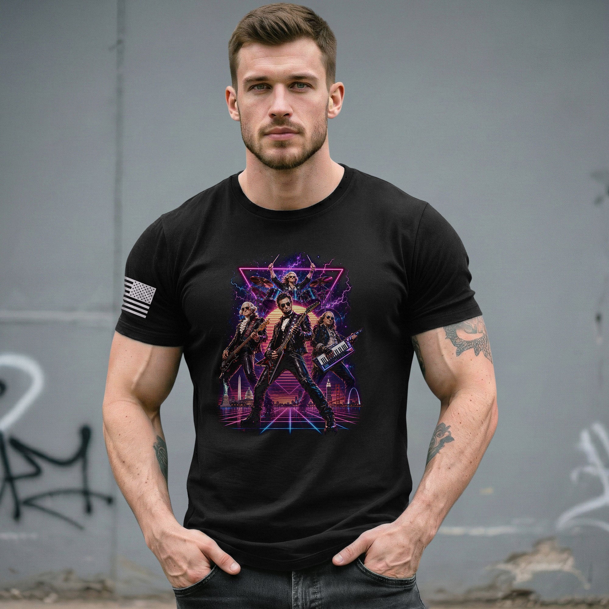 Retro Lincoln Guitar Player T-Shirt Neon Synthwave Rock Band Graphic Tee Gift - Rust Field Wear