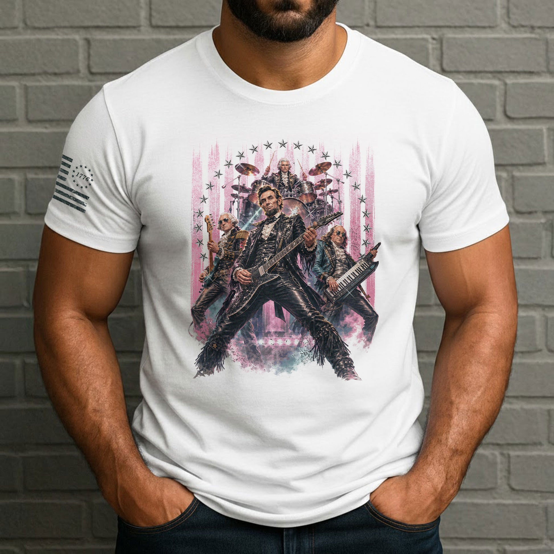 Vintage Patriotic Rock Band T-Shirt - Abraham Lincoln Guitar Graphic Apparel Tee - Rust Field Wear