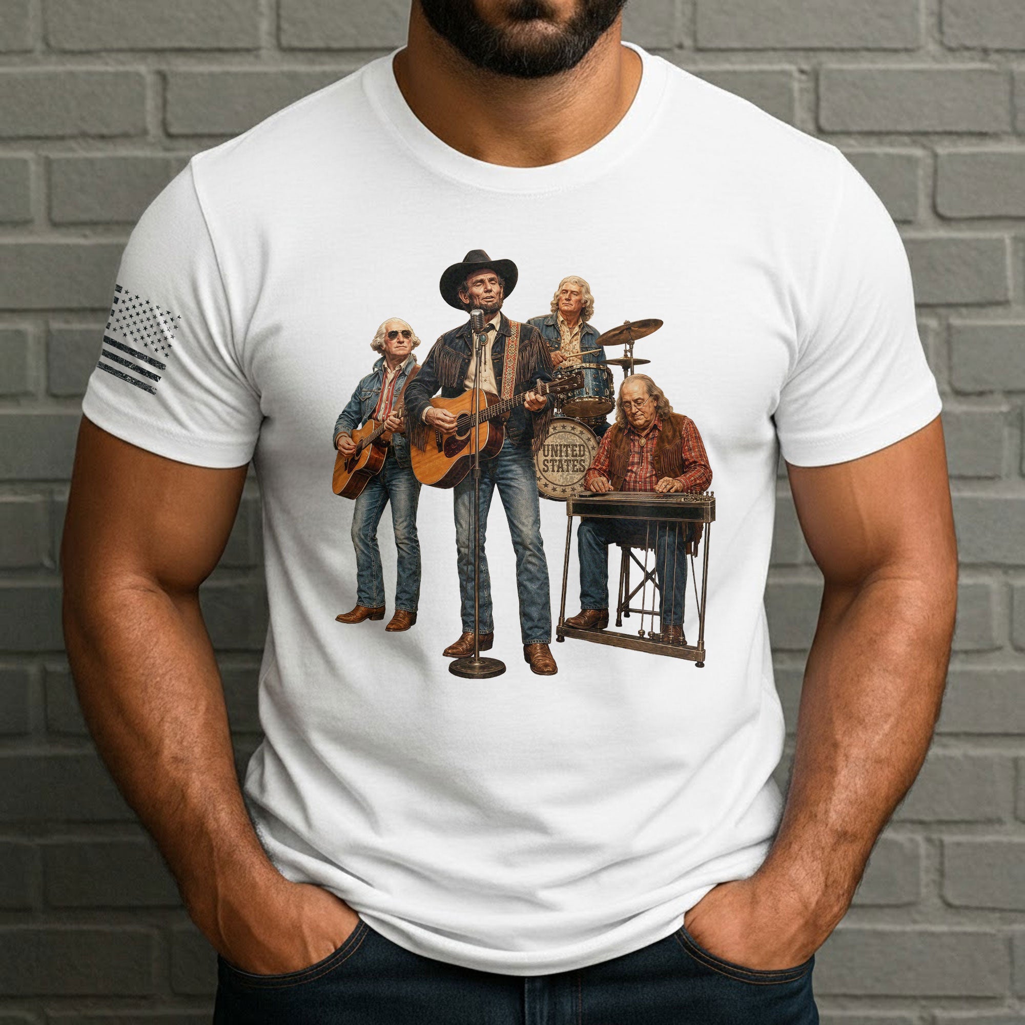 Vintage Patriotic Country Music Apparel - Founding Fathers Band Graphic Design - Rust Field Wear