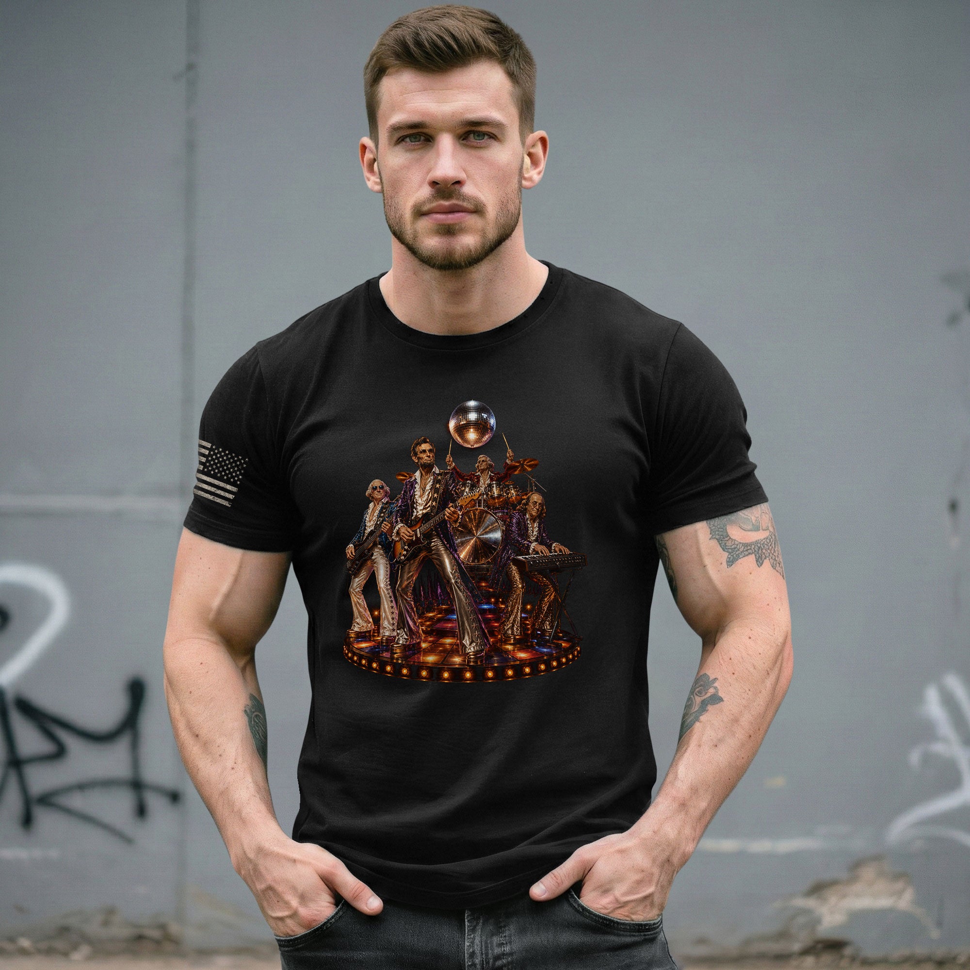 Unique Abraham Lincoln Disco Shirt - Historical Patriotic Band Graphic Print Tee - Rust Field Wear