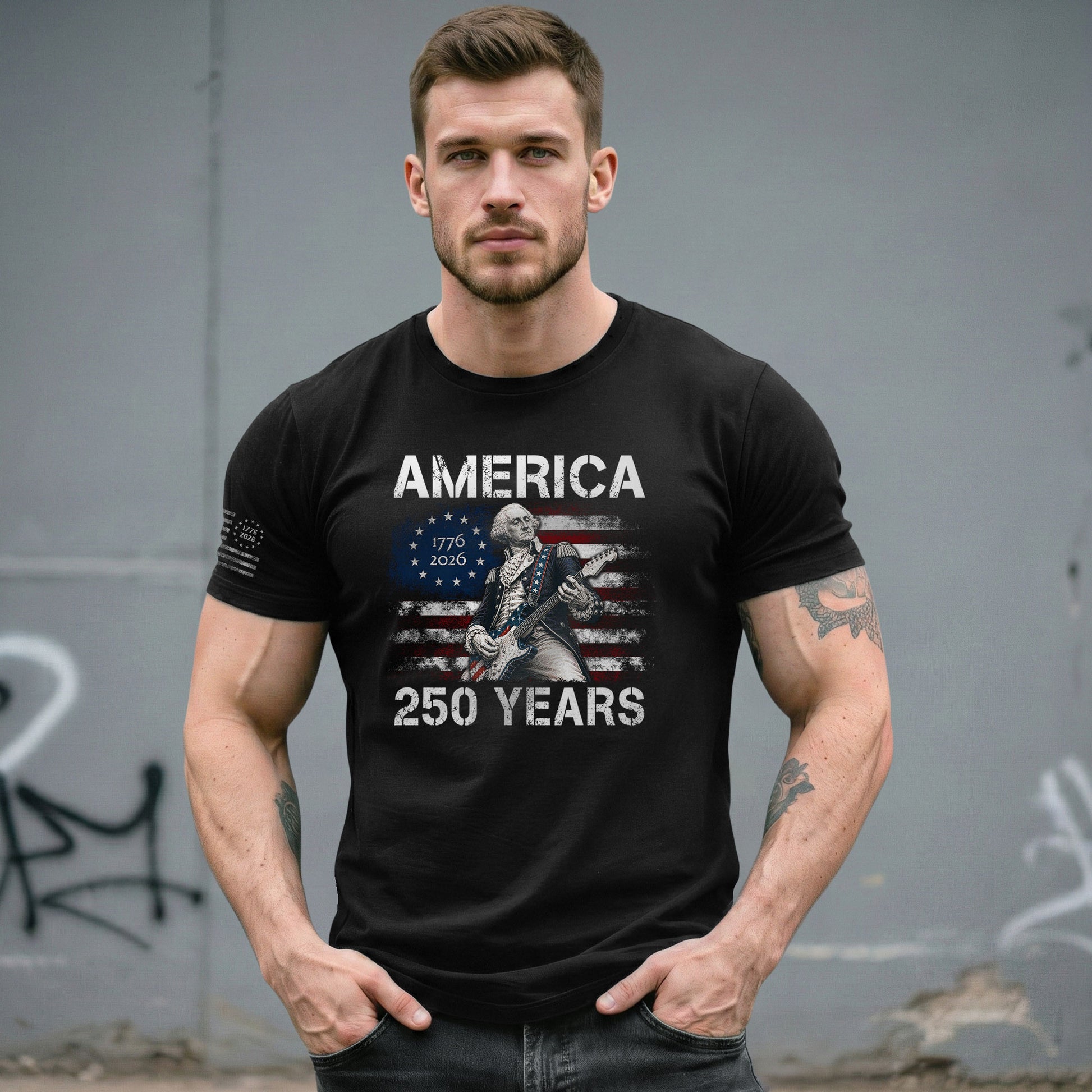 250 Years George Washington Playing Guitar Patriotic Flag Independence Shirt - Rust Field Wear