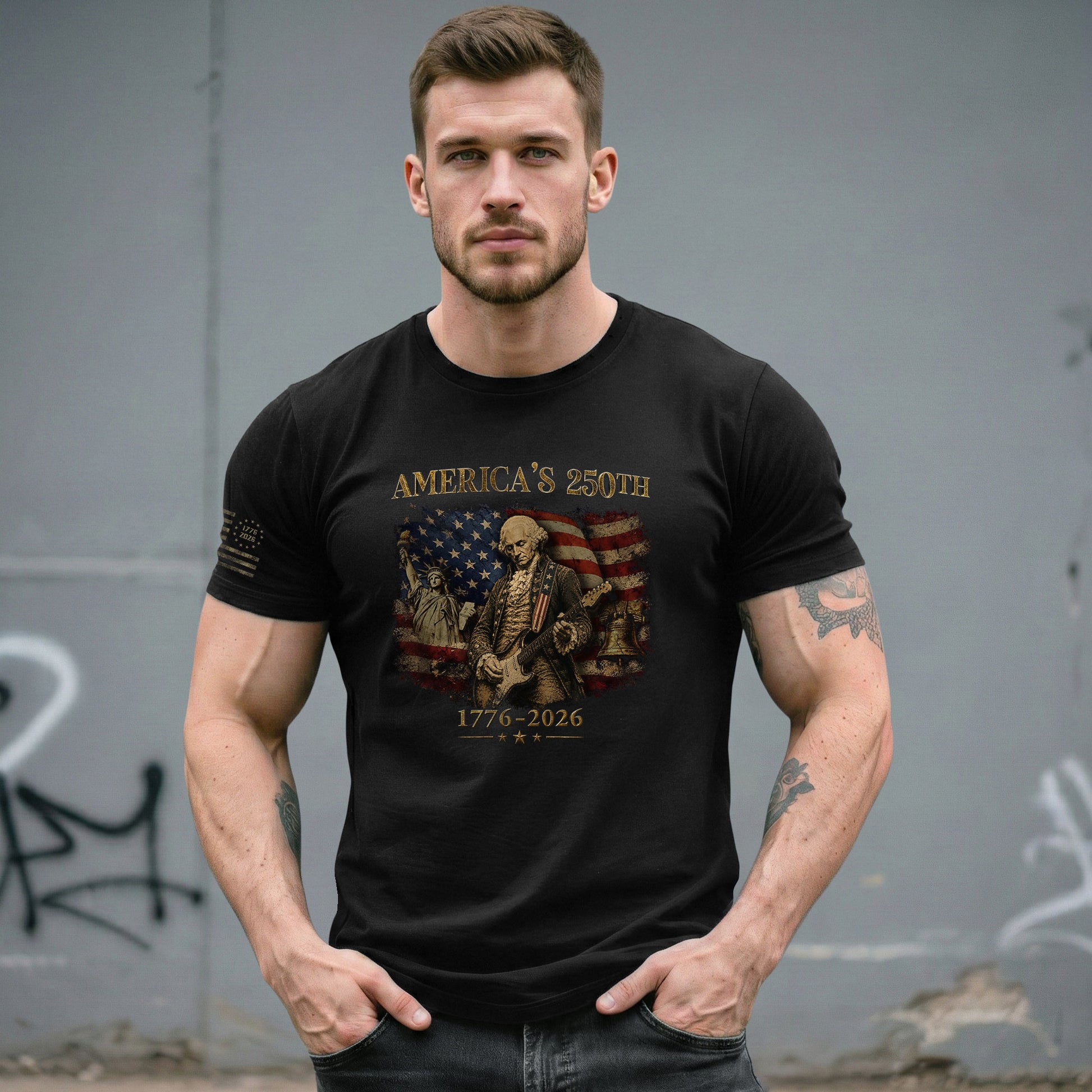America's 250th George Washington Guitar Patriotic Flag 1776-2026 Independence Shirt - Rust Field Wear